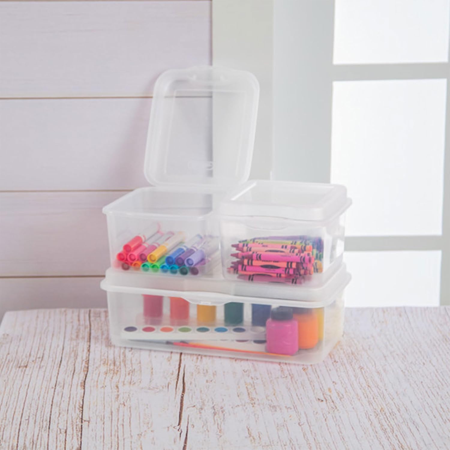 Sterilite 48-Pack Square Small FlipTop, Clear Plastic Storage Box with Hinged Lid - Stackable Multipurpose Organizer for Art and Craft Supplies, Accessories, Photos & CDs, Home or Office Use