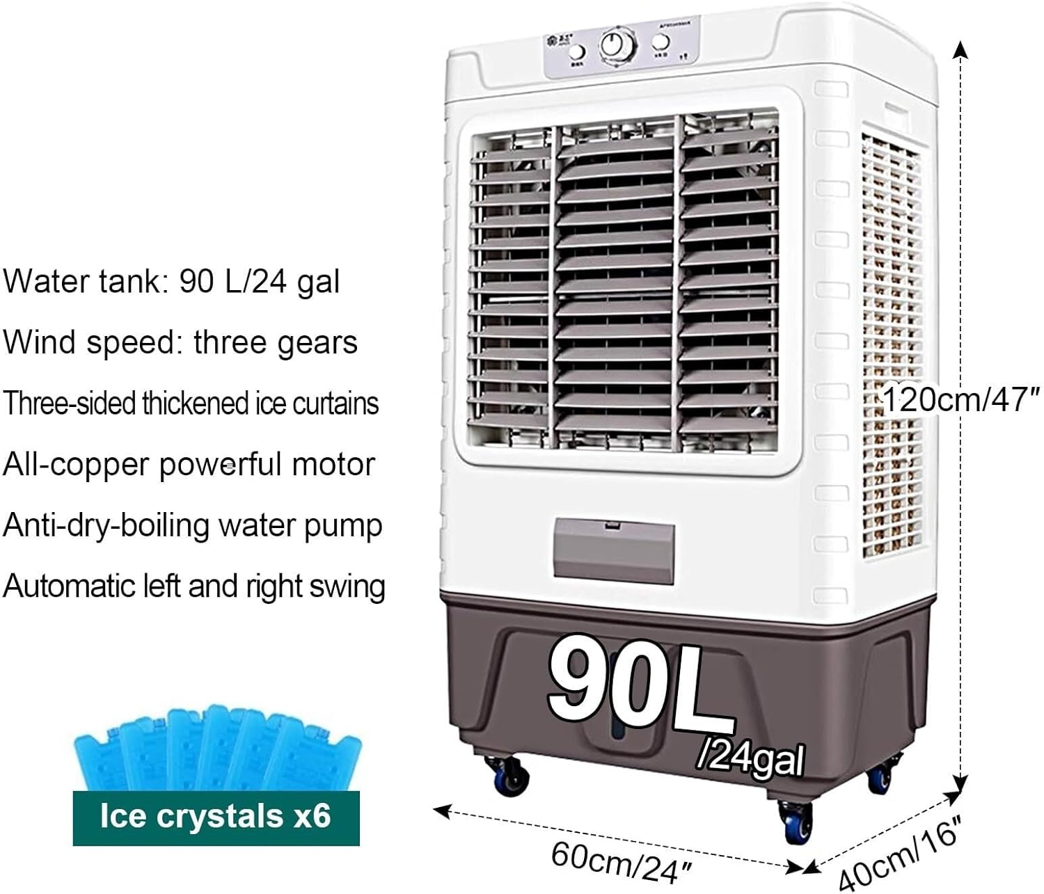 Evaporative Air Cooler, Portable 3-in-1 Air Conditioner with 120° Oscillation, 90L/24 Gal Water Tank, 3 Speeds for Indoor & Outdoor Use