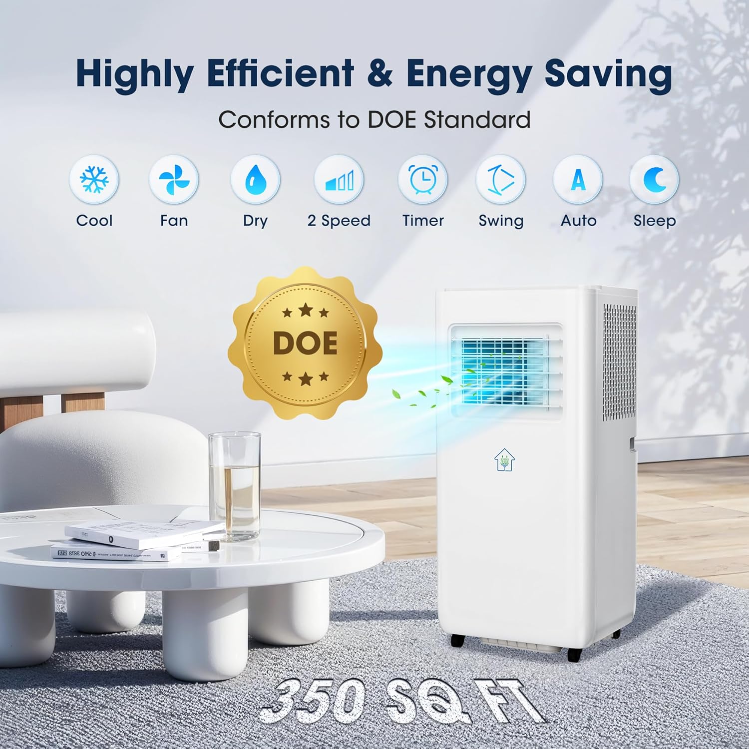 8000BTU Portable Air Conditioners Smart AC Unit with App & Remote Control 3-in-1 Cooling, Dehumidifier, Fan for Rooms up to 350 sq.ft, 24H Timer, White