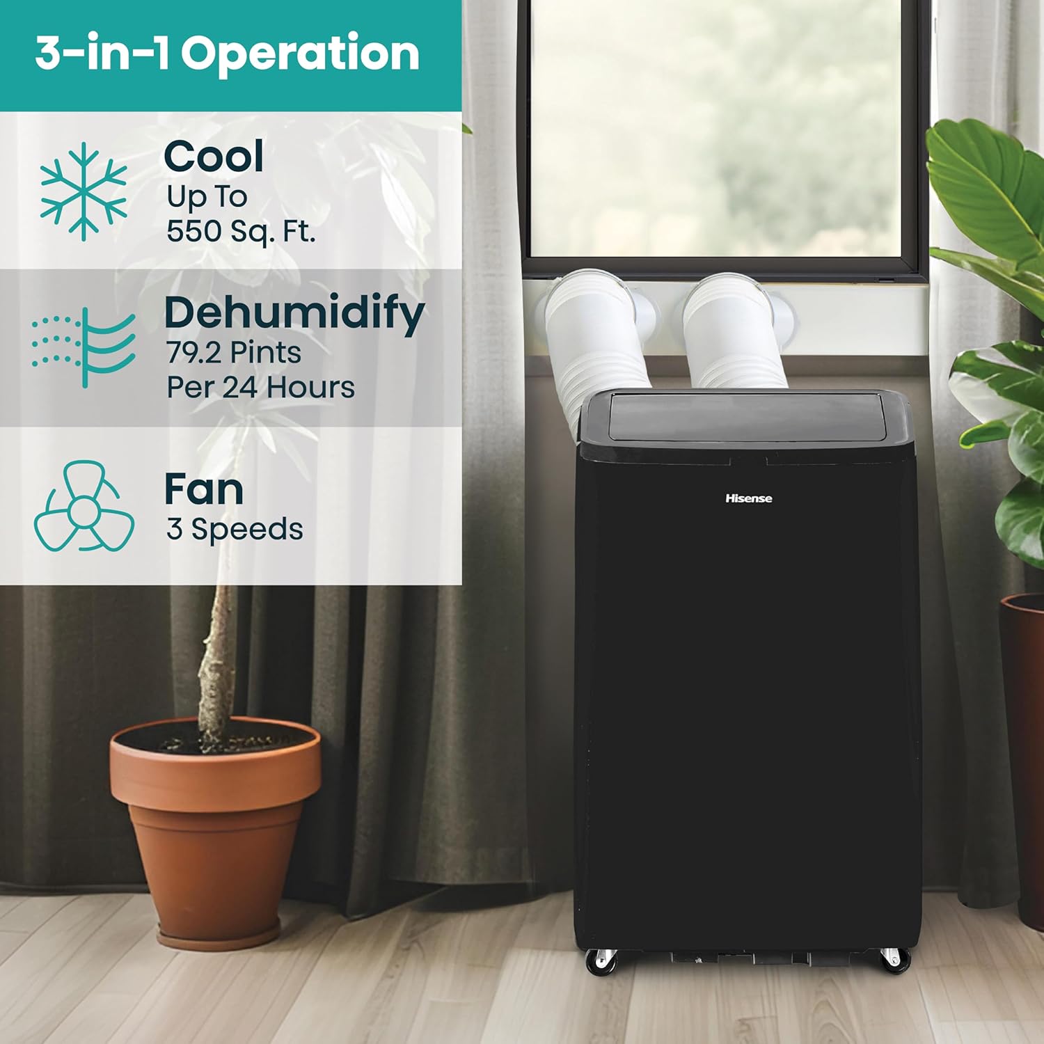 Hisense 10,000 BTU Smart Portable Inverter Air Conditioner with Quiet, High Efficiency Operation and Wi-fi Controls, AC Unit for Apartment, Living Room, Medium Rooms up to 450 Square Feet in Black