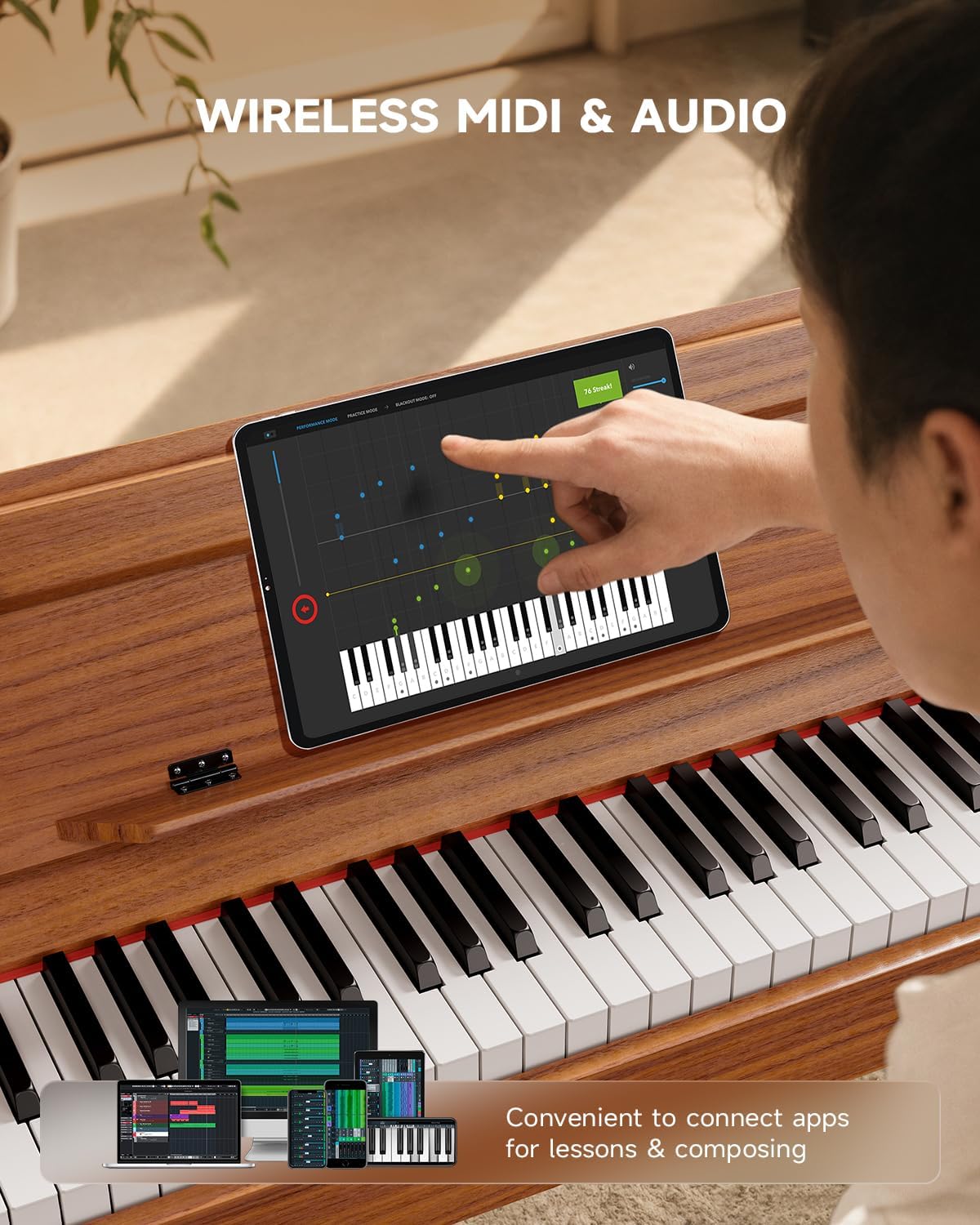 Eastar EUP-100 88 Key Weighted Keyboard Piano, Full-Size Home Digital Piano for Beginner, with Cover, Headphone, Music Stickers, Three-Pedal, Wireless Conection, Recording, MIDI - Retro Wood Color