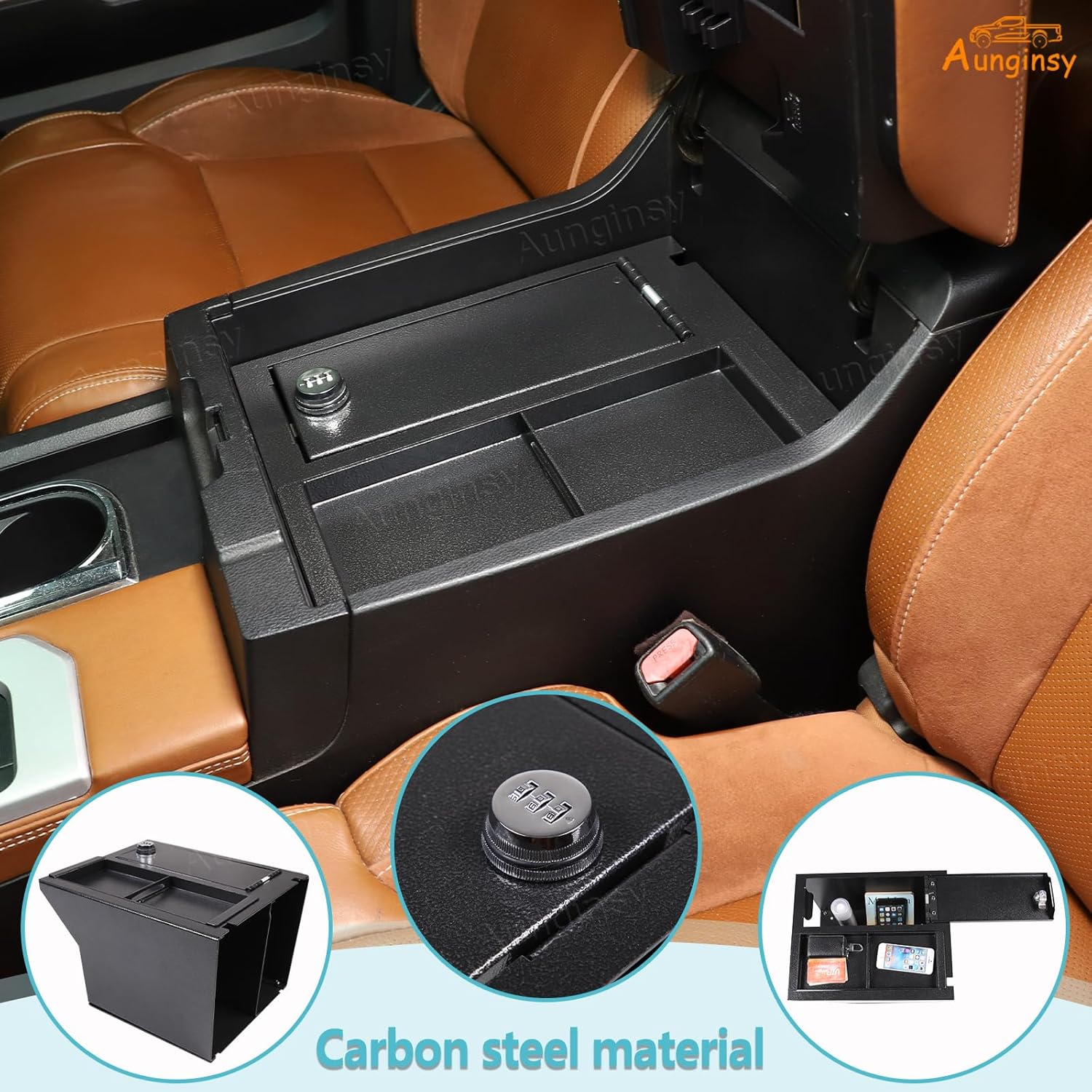 Aunginsy Center Console Lock Safe Box Armrest Storage Compatible with Toyota Tundra 2014-2021, Car Central Control Organizer Tray Vault Security with 3 Digit Combo Password Insert Accessories(Large)