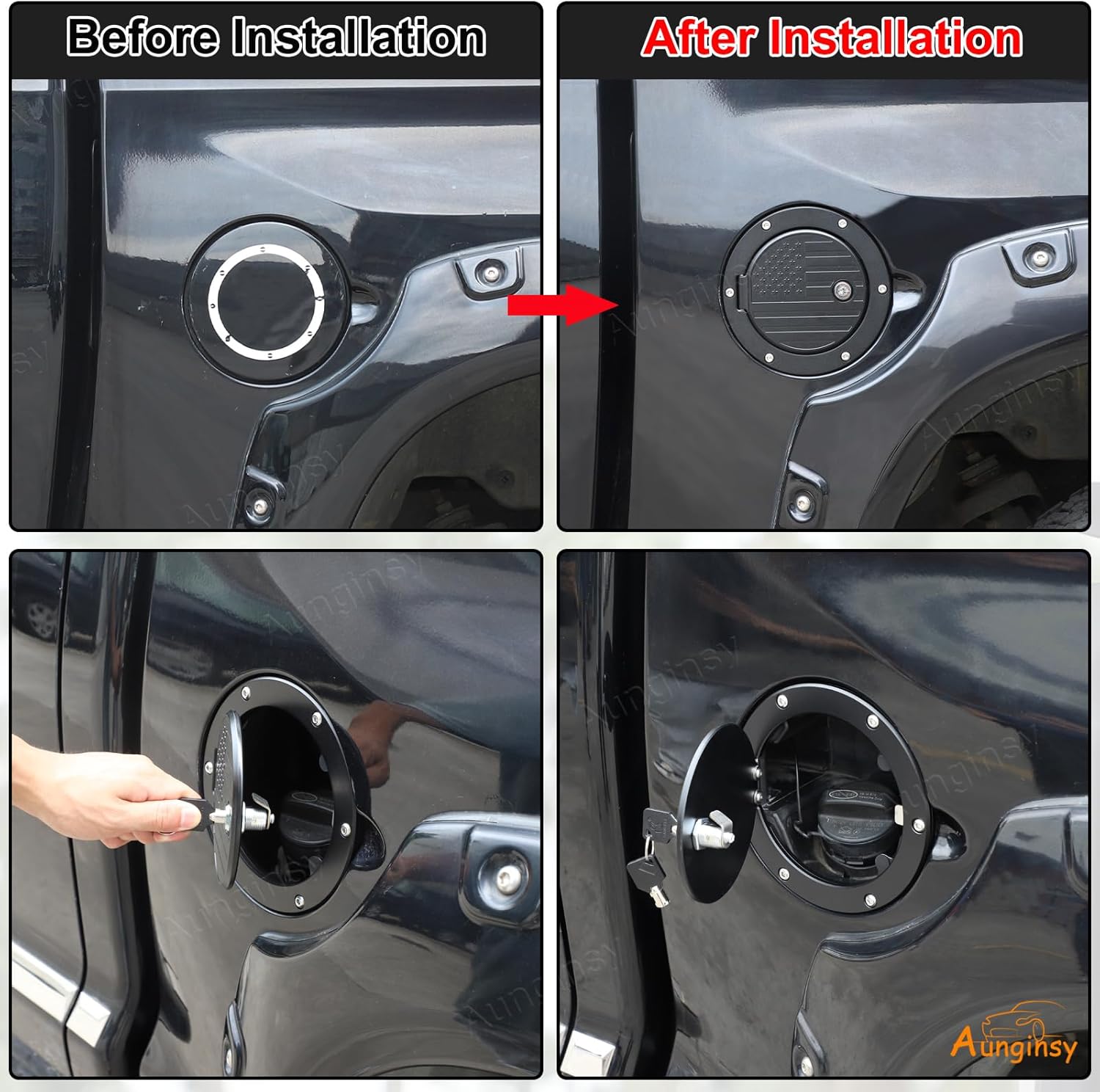 Car Fuel Tank Cap Replacement Anti-theft Lock Cap Fit Toyot@a Tundra 2007-2021 Door Fuel Tank Cover W/Lock Gas Cap Tank Trim Cover Fuel Filler Door Protector Accessories, Black American Flag Pattern