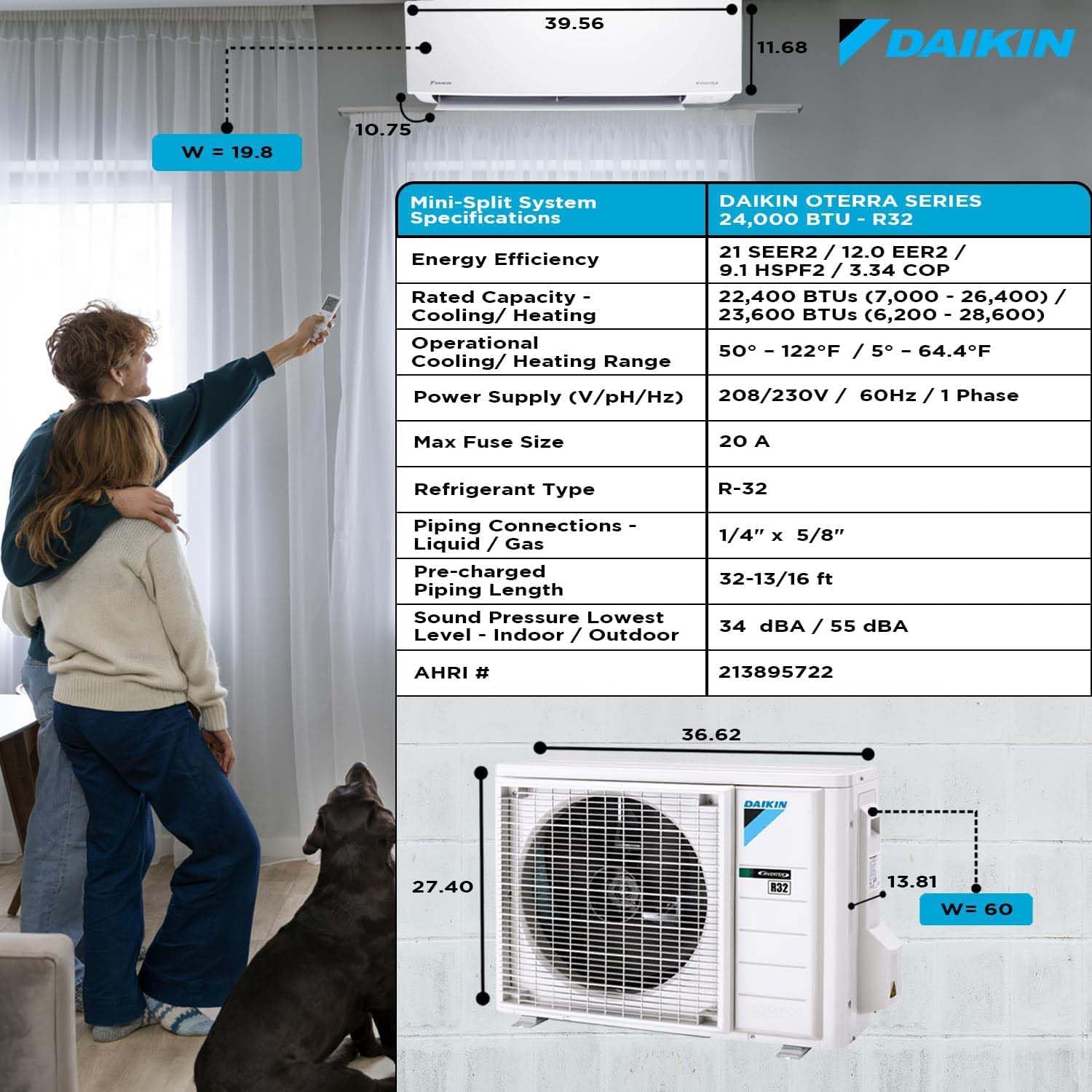 Daikin 24,000 BTU 21 SEER2 Oterra R32 Series Ductless Mini-Split Air Conditioner with Installation Kit and Wall Bracket- 230V