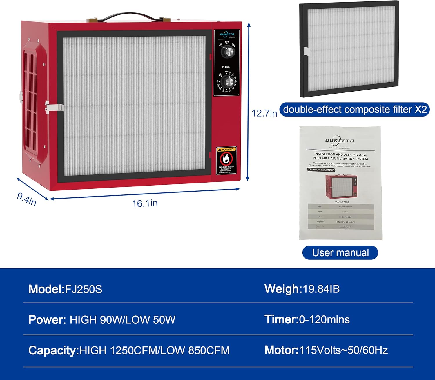 Portable 2 Stage Intake Air Filtration System - Tabletop Dust Collectors (850-1250CFM) for Woodworking, Air Filter with Strong Vortex Fan, Garage Works Shop Benchtop Dust Collection Systems