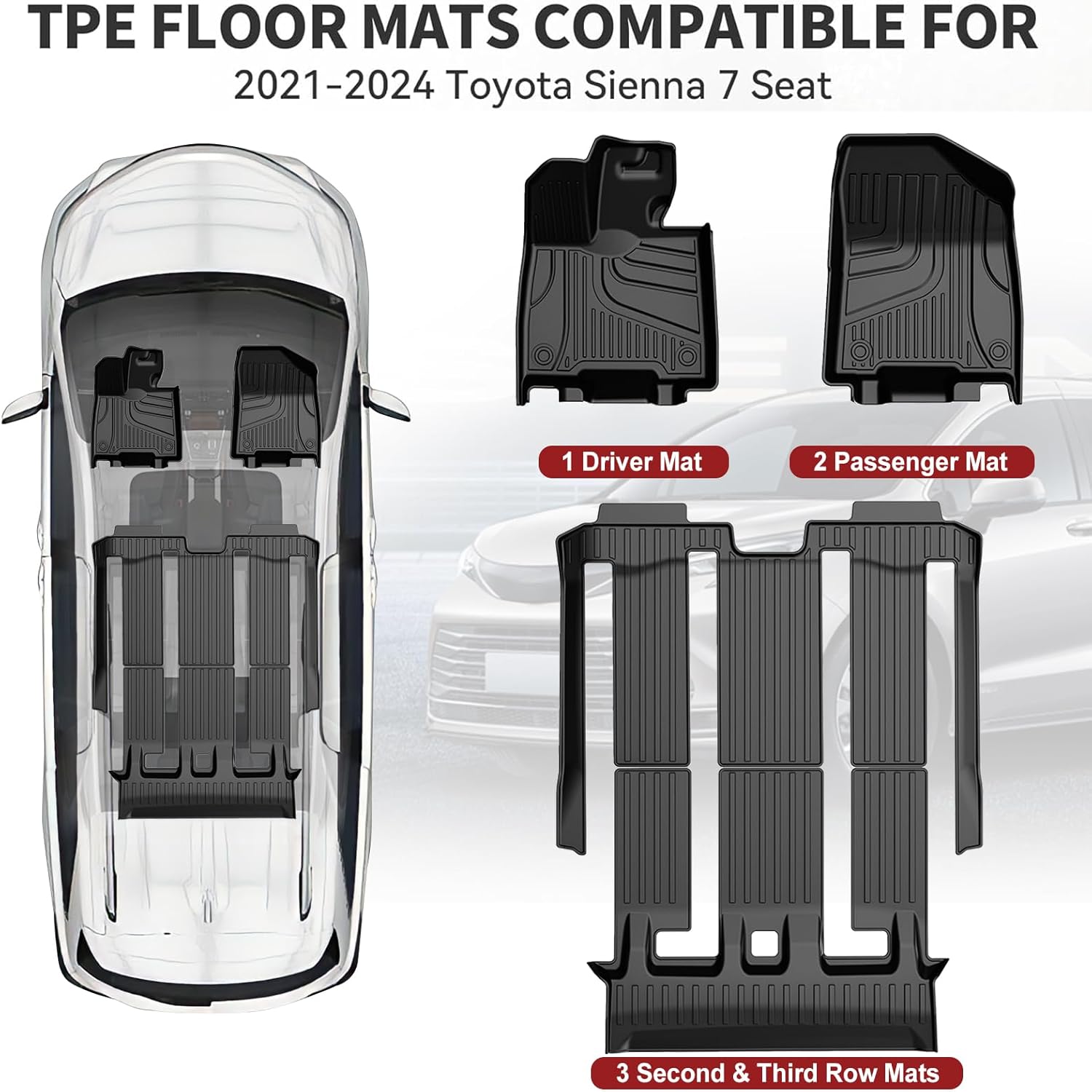 2021-2025 Sienna Floor Mats 7-Seat Compatible with Toyota Sienna (without Vacuum & Fridge Box) - Custom Fit TPE 3 Row Floor Liners - All Weather Floor Mats for Toyota Sienna Accessories 2021-2024 2025