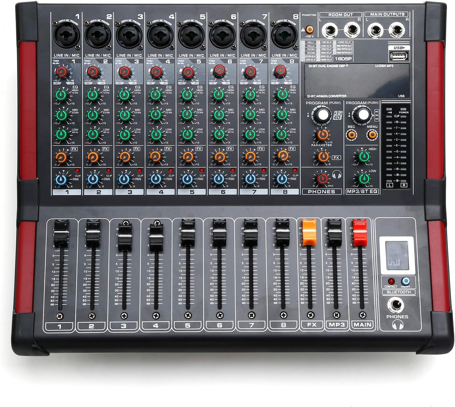 TC-Home 8 Channel Powered Mixer Professional Mixing Amplifier 16DSP TRS USB Bluetooth Home Recording