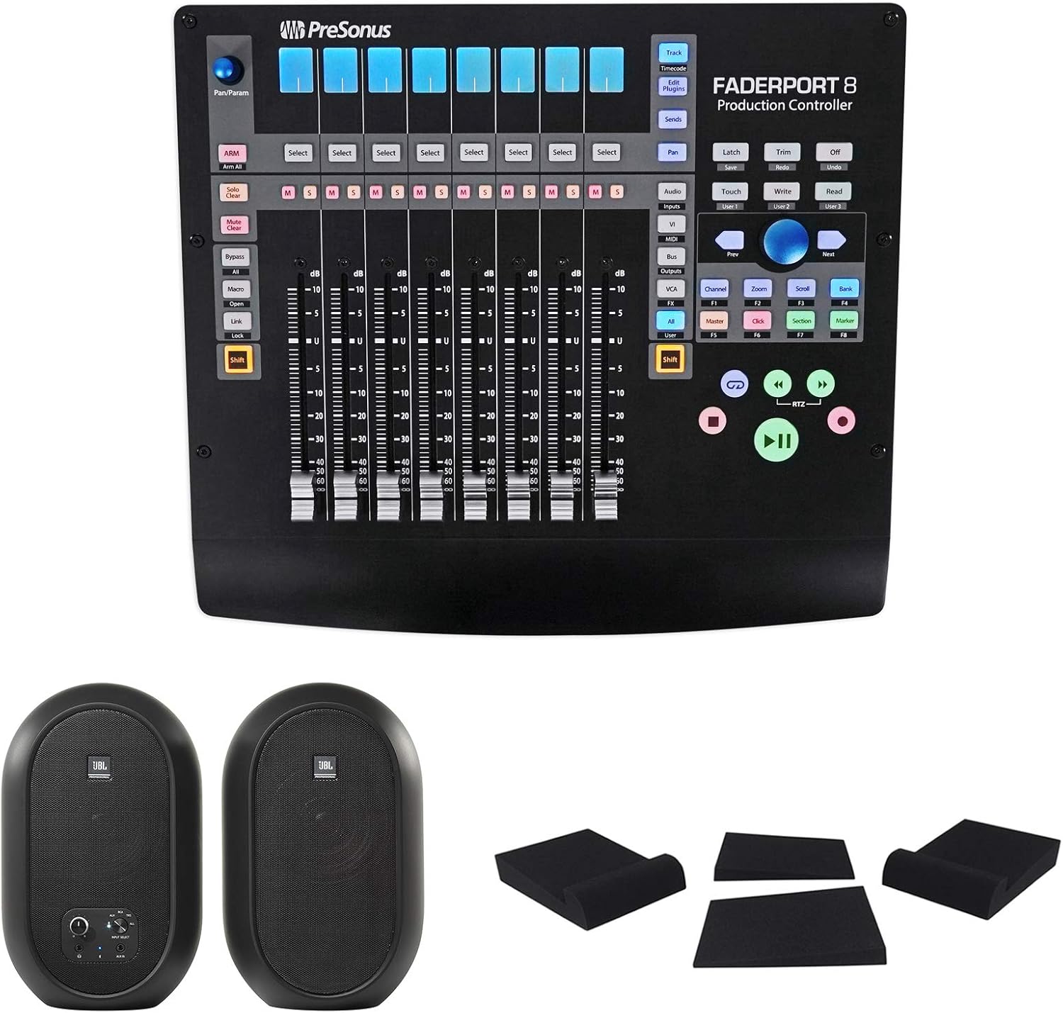 PRESONUS FADERPORT 8 USB 8-Channel Mix Production DAW Controller Mac/PC Bundle with JBL 104SET-BT Pair Active Studio Monitors and Pair Rockville RRS190S Foam Isolation Pads