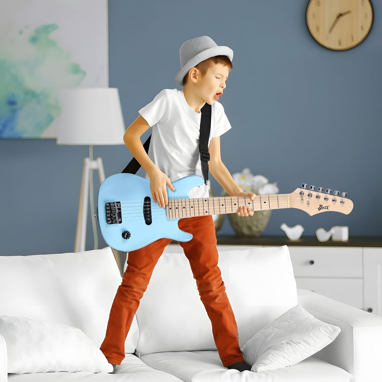 WINZZ EGM100 30 Inches Real Kids Electric Guitar with Beginner Kit, Right Handed (Light Blue)
