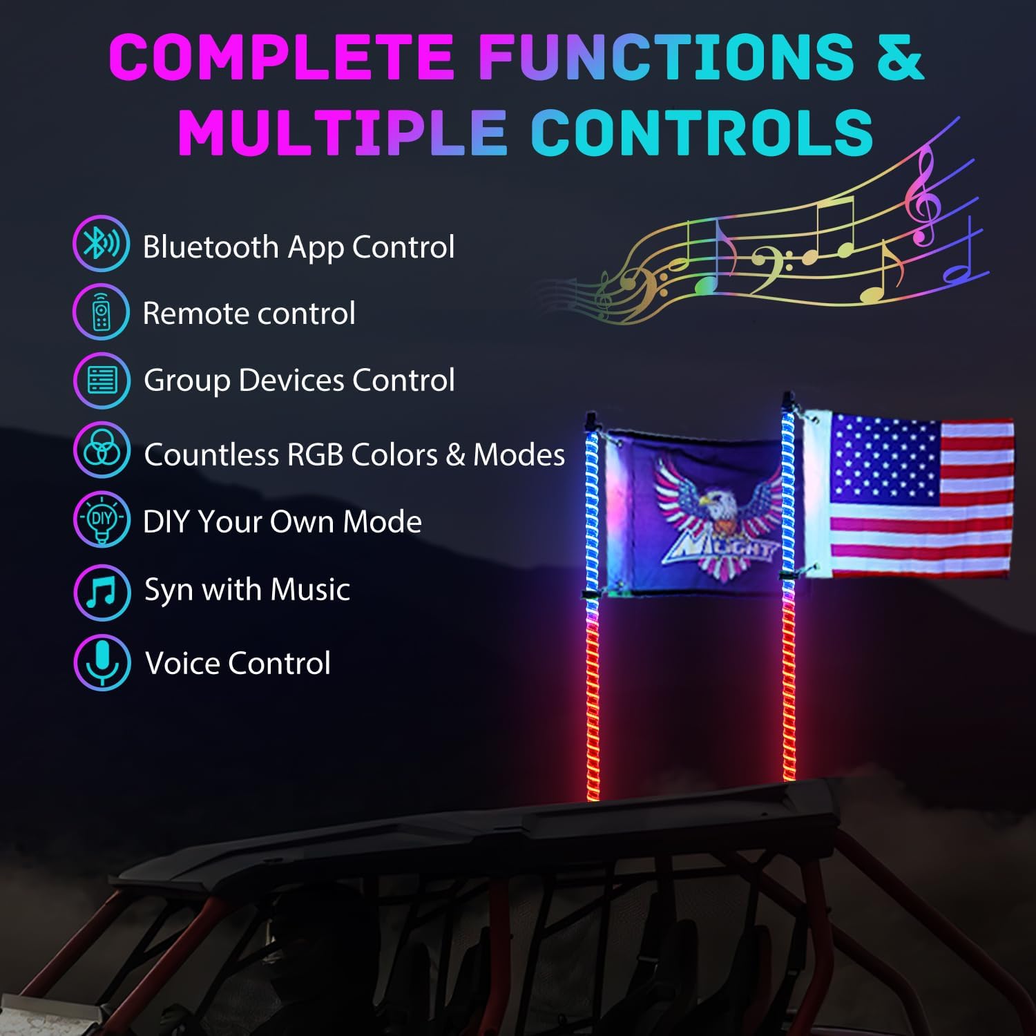 Nilight LED Whip Light 2 PCS 3FT COB RGB Lighted Antenna Whips with Spring Base Remote & App Control DIY Patterns Turn Brake Reverse Lights for Can-am Offroad ATV UTV RZR Polaris Dune Buggy Truck