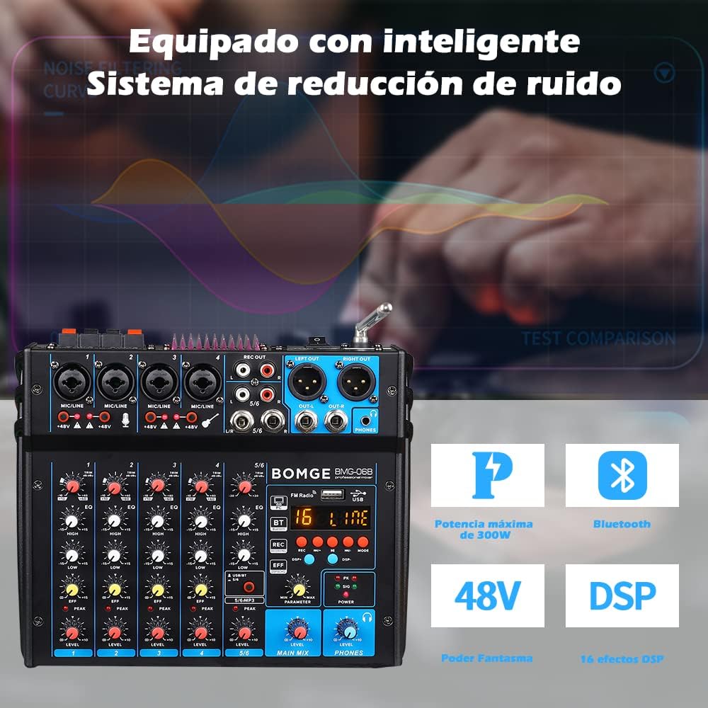 BOMGE 6 Channel dj powered audio sound mixer amplifier,100 W Stereo Speaker Home Audio Receiver effects, 48V phantom Power, USB, Bluetooth ，for home theater system, Karaoke, Streaming