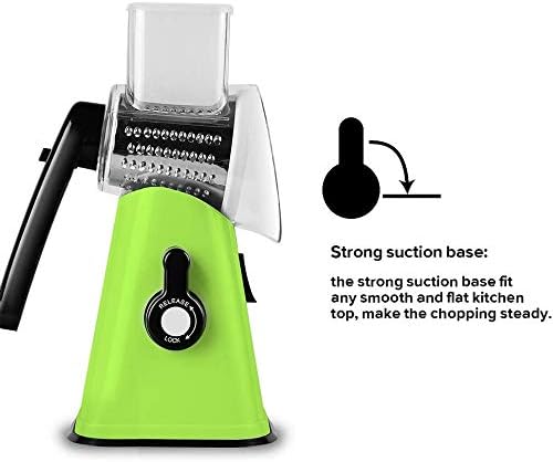 Cheese Grater Vegetable Slicer 3 in 1 - Fruit Cutter Machine Rotating Drum with 3 Stainless Steel Revolving Blades (Green)