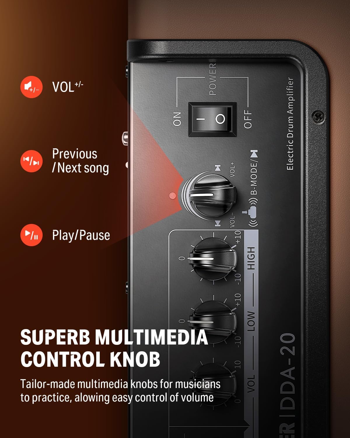 Donner Drum Amplifier 20W, Wireless Electric Drum Speaker Keyboard Amp, Mini DDA-20 Portable for Home Practice (Brown)