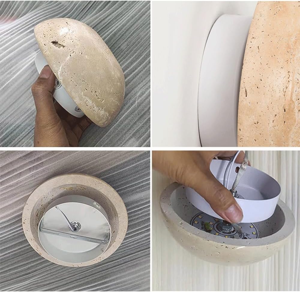 5.9in Round Natural Stone Shade Wall Light Corner Porch Wall Sconce LED Modern Wall Lamp Vintage Japanese Wabi Sabi Bedside Wall Lights Fixtures for Porch Workshop Kitchen Living Room