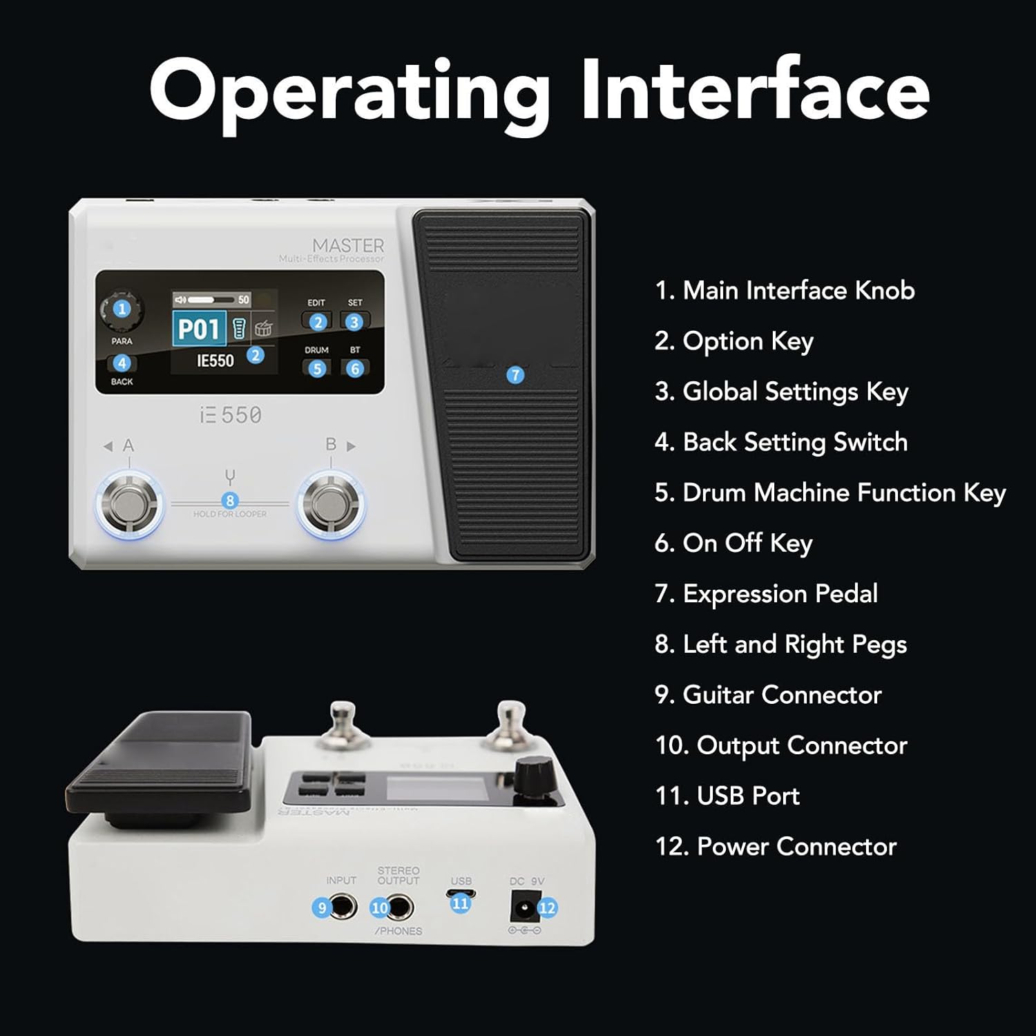 Electric Guitar Effects Processor Pedal with 8 Modules and 100 Drum Rhythms App Power for Digital Sound Interface (US Plug)