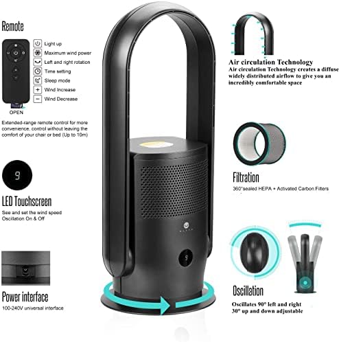 ULTTY Bladeless Tower Fan and Air Purifier in one, 90° Oscillating Bladeless Fan with Remote, Touch, 8H Timer, Floor Fans for Bedroom Whole Room Home Office R021, Black