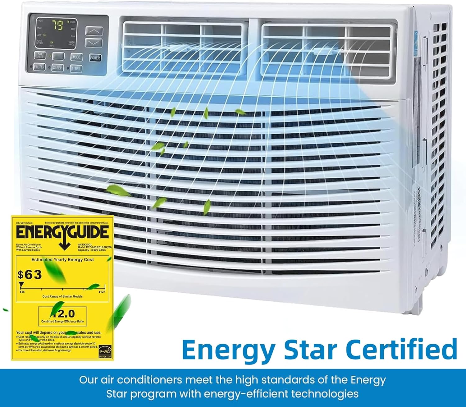 8,000 BTU Window Air Conditioner - Cools Up to 350 Sq. Ft,Air Conditioner Window Unit With Remote Control,3 Fan Speeds,Auto-Restart,Water Self Evaporation,Sleep Mode,24-Hours Timer,WIFI, APP