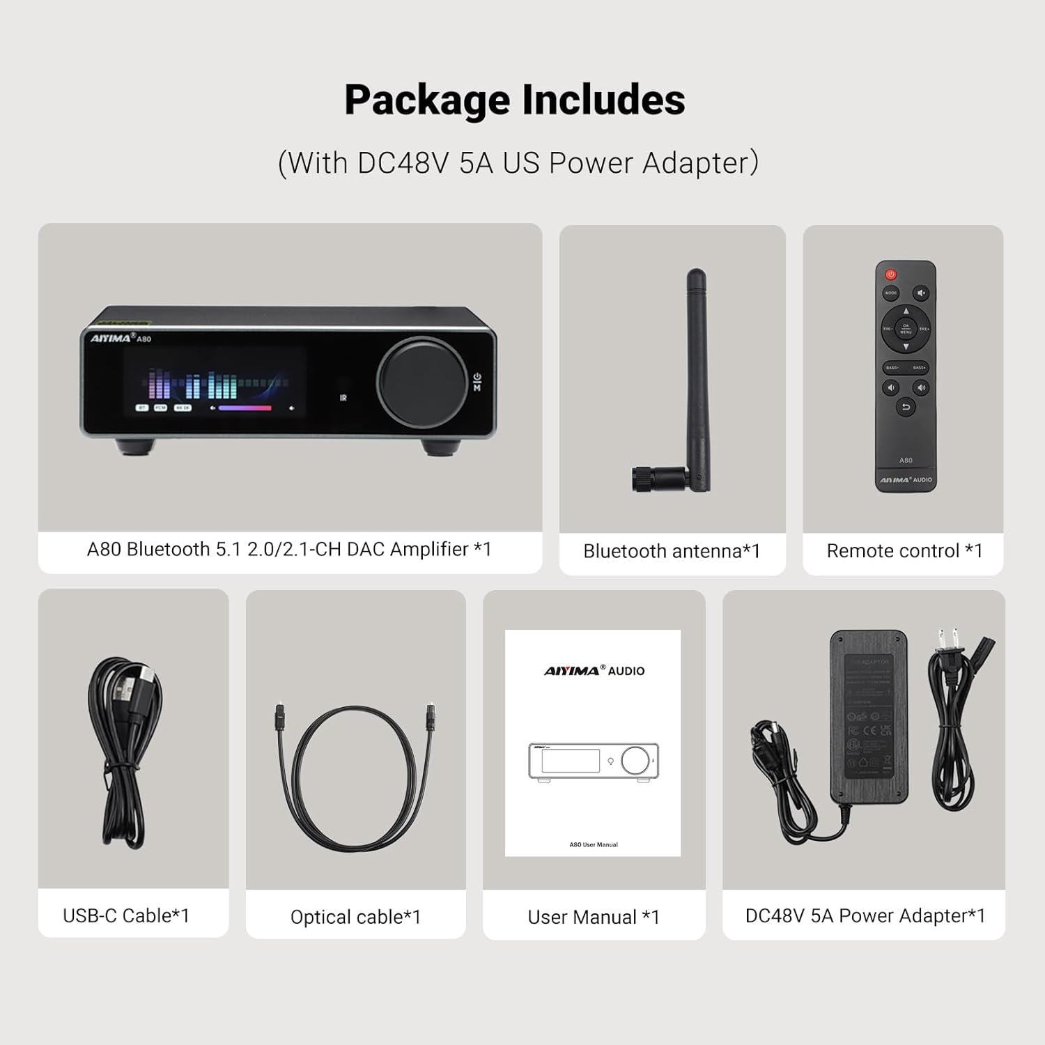 AIYIMA A80 Bluetooth Amplifier DAC Stereo HiFi Home Audio Receiver with PFFB,2.0 Channel Hi-Res Class D Power Amp with PC-USB COA Opt Inputs,Digital VU Meter | SUB Pre-Out | TRS Balanced Input |Tone