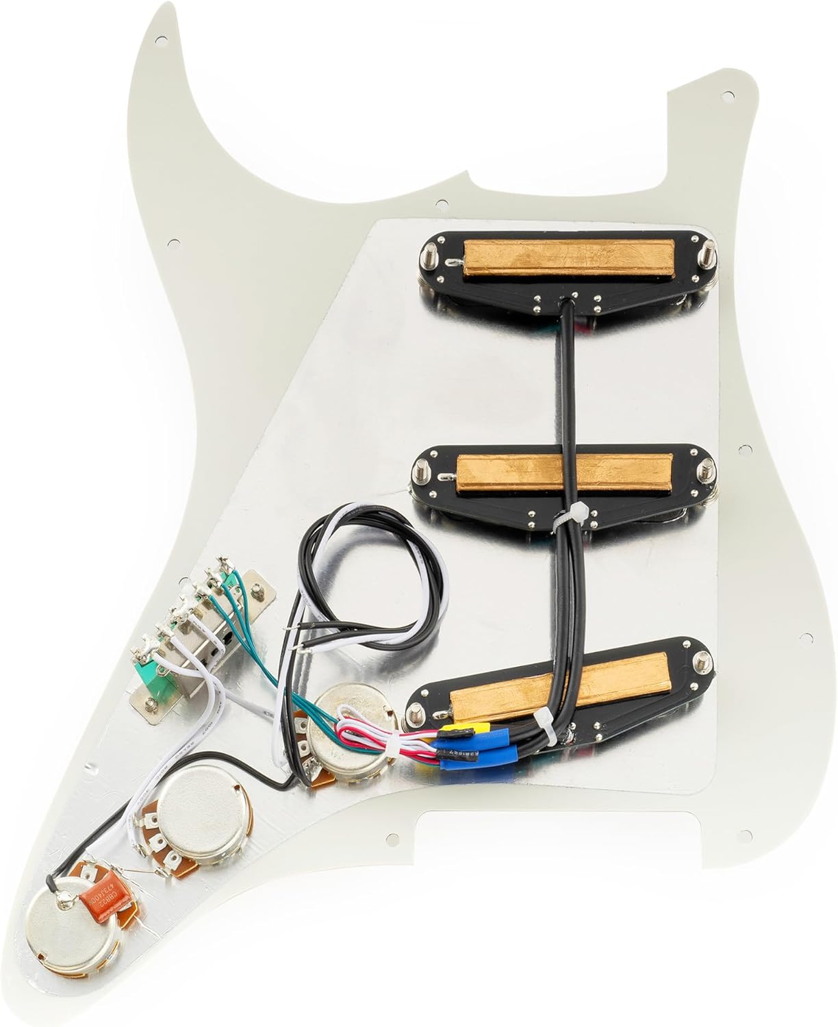 Musiclily Pro-SE ST-DPHC Pre-wired SSS Pickguard with Ceramic Mini Rail Humbucker for Strat Style Electric Guitar, 3Ply Aged White