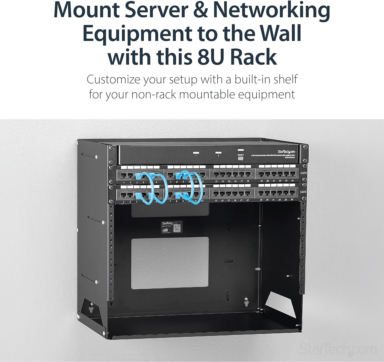 StarTech.com 2-Post 8U Open Frame Wall Mount Network Rack with Built-in Shelf, Wall Mount Data Rack with Adjustable Depth for AV / Computer / IT Equipment, TAA Compliant Server Rack (WALLSHELF8U)