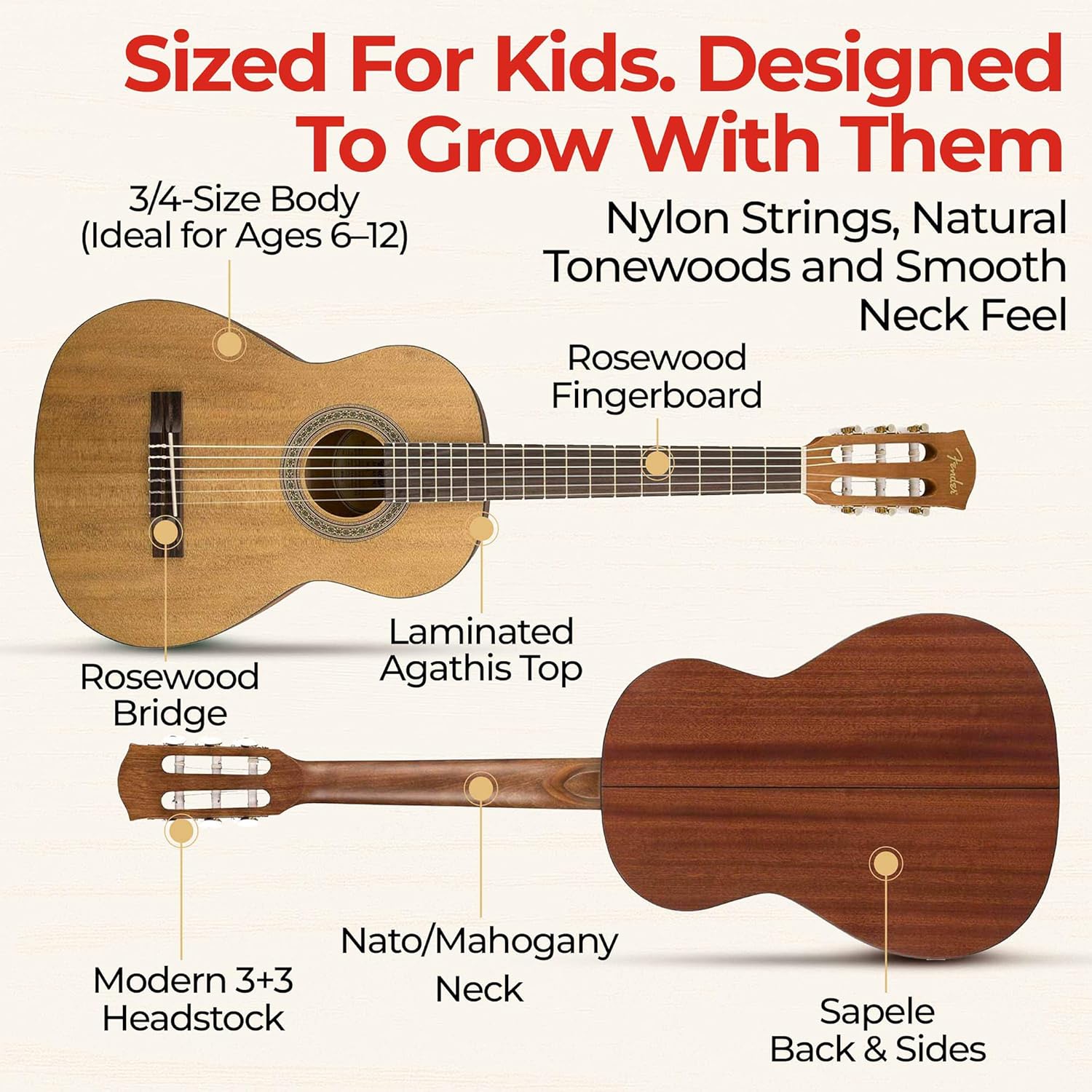 Fender FA-15N 3/4-Size Kids Classical Guitar - Natural Learn-to-Play Bundle with Gig Bag, Tuner, Picks and Austin Bazaar Instructional DVD