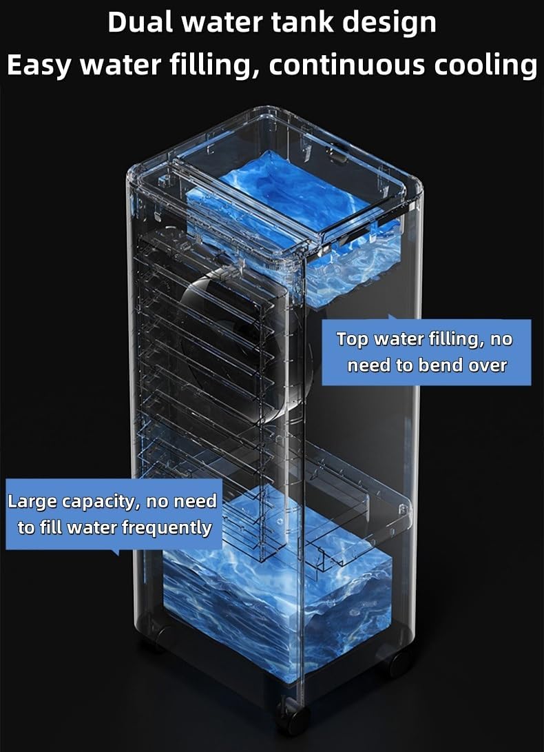 Portable Evaporative Air Cooler with Remote Control, Ductless Air Conditioner with Double Water Tank, 3 Speeds, 15H Timer, Windowless Oscillating Swamp Fan for Home Bedroom