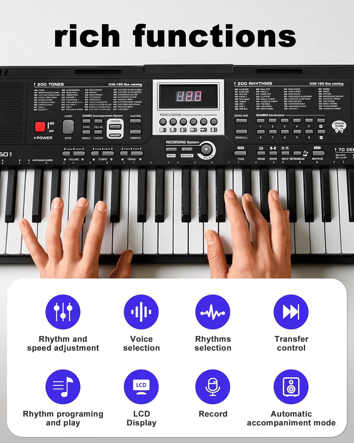 61 Key Electronic Piano Keyboard for Beginners, 200 Tones & Rhythms, with H Stand, Stool, Headphones, Microphone, Piano Note Stickers