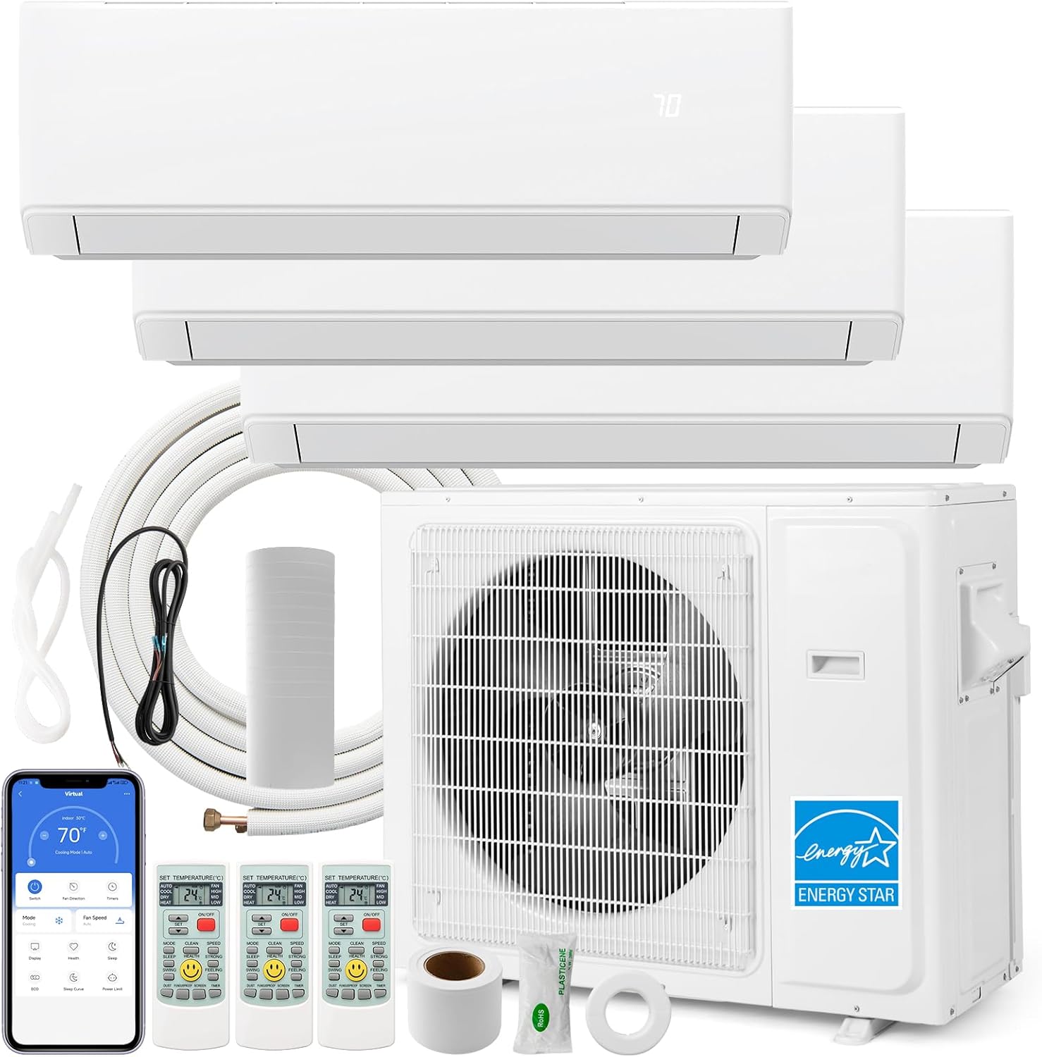 SIMOE 36,000 BTU Tri 3 Zone 9k+9k+9k BTU, Mini Split Air Conditioner, 23 SEER2, Installation Kit, Multi Zones Mini Split AC Heat Pump Full Set, 208-230V, Wifi-Enabled Ductless Energy Star