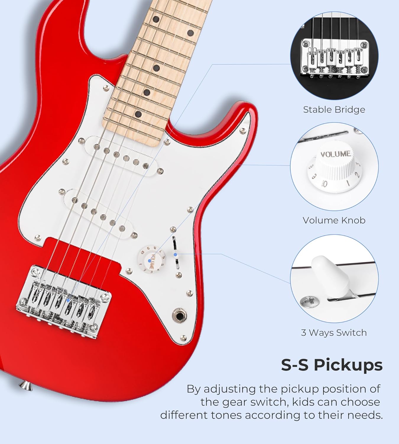 Kids Electric Guitar Vangoa 30 Inch Electric Guitar for Beginner Kit for Young Players with Amp, Bag, Strap, Extra Strings, Capo, Tuner, Picks, Cable (Red)