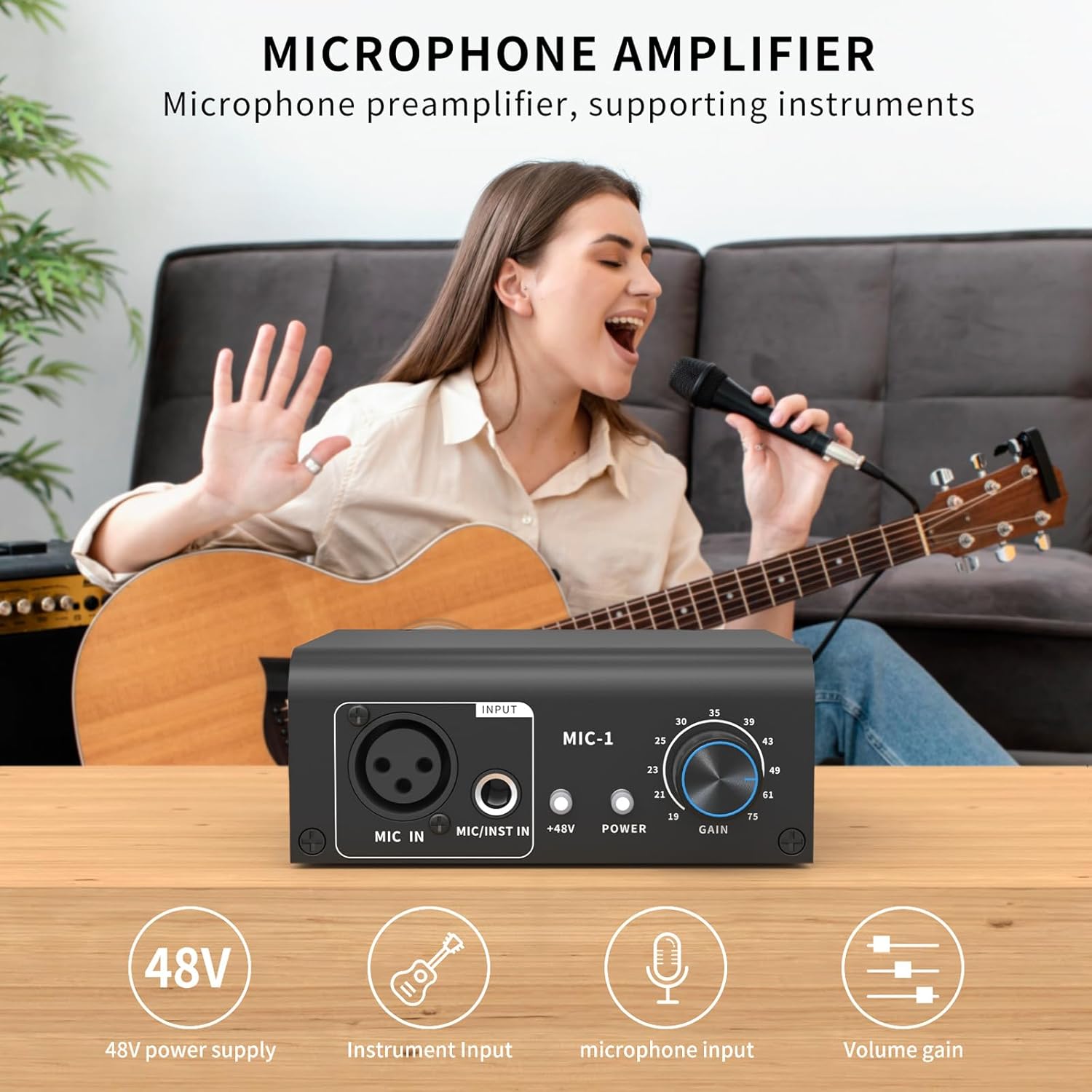 XTUGA XIC1 Microphone Preamp for Dynamic and Condenser Microphones Booster with 2 Input Max 75db Gain 48V Phantom Power XLR Output