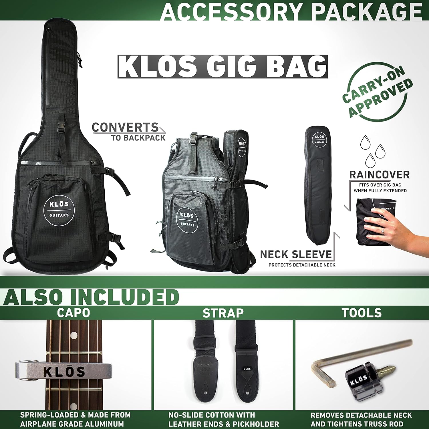 KLOS Full Size Guitar, Durable Carbon Fiber Acoustic Guitar - Black with Gig Bag, Strap, Capo, and more