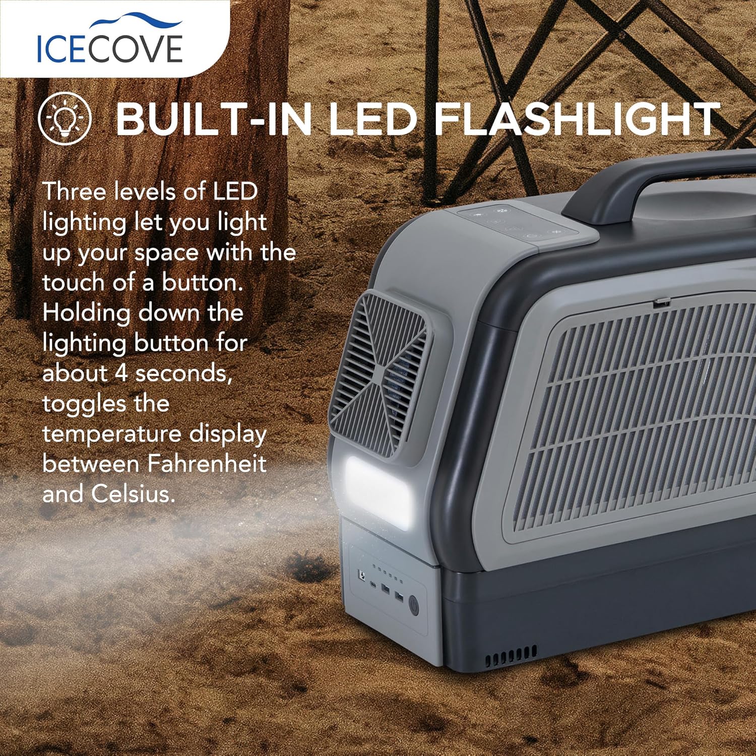 IceCove Portable Air Conditioner with Add-on Battery, 2500BTU Portable Car AC Unit, 250W Low Power Consumption, 25.5VDC, 2 Fan Speed, 3 Light Mode for Tent Camping RV Truck Van Life Home, Gray