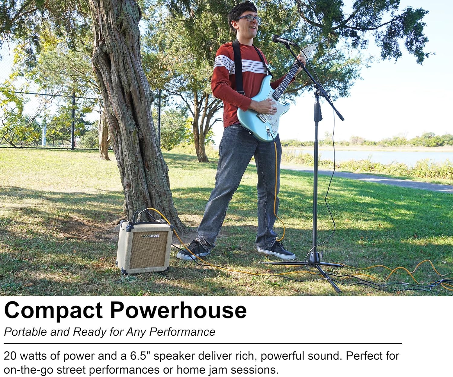 Rockville G-CHARGE 20 Beige 20W Battery-Powered Guitar Amplifier, 6.5” Speaker, Spring Reverb, Bluetooth, Mic Input, Kickback Stand, Rechargeable Amp, For Street Performances, Home Jams & Outdoor Play