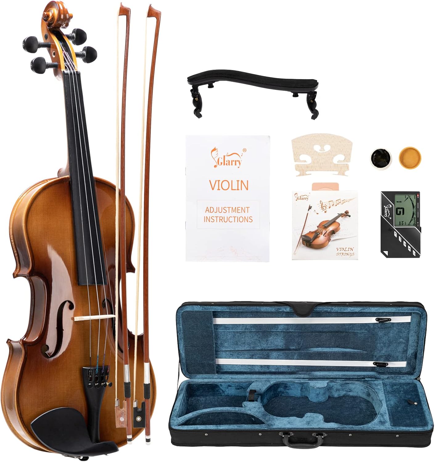 GLARRY Violin 4/4 Full Set- Solidwood Fiddle with Tuner Bow Case Shoulder Rest, Including Acoustic Violin Strings for Beginners Adults (Light)
