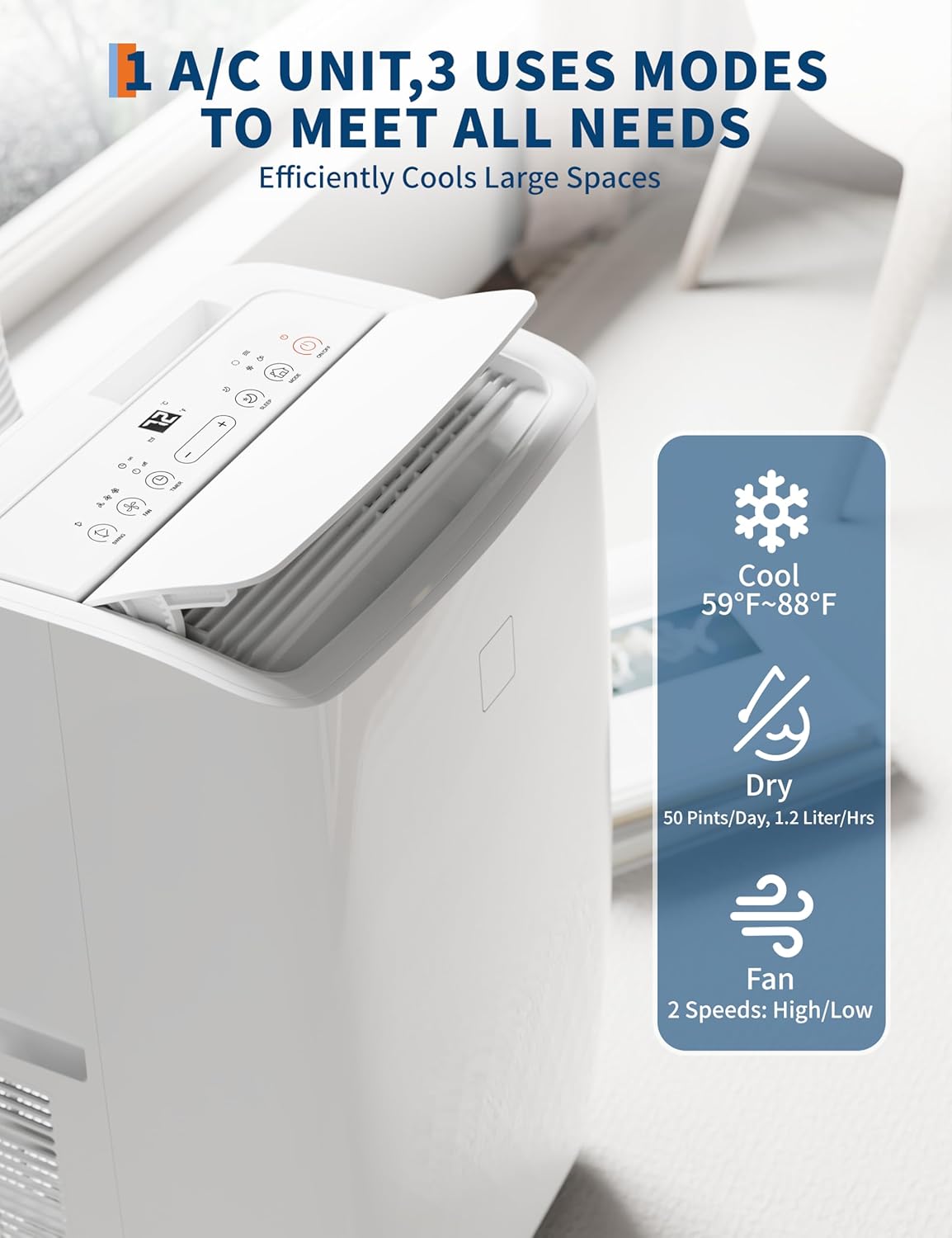 12000 BTU Portable Air Conditioner, 3-in-1 Portable AC Unit with Fan Mode & Dehumidifier, Fast Cooling AC Unit with Remote Control & 24 Timer for Large Room up to 550 Sq.