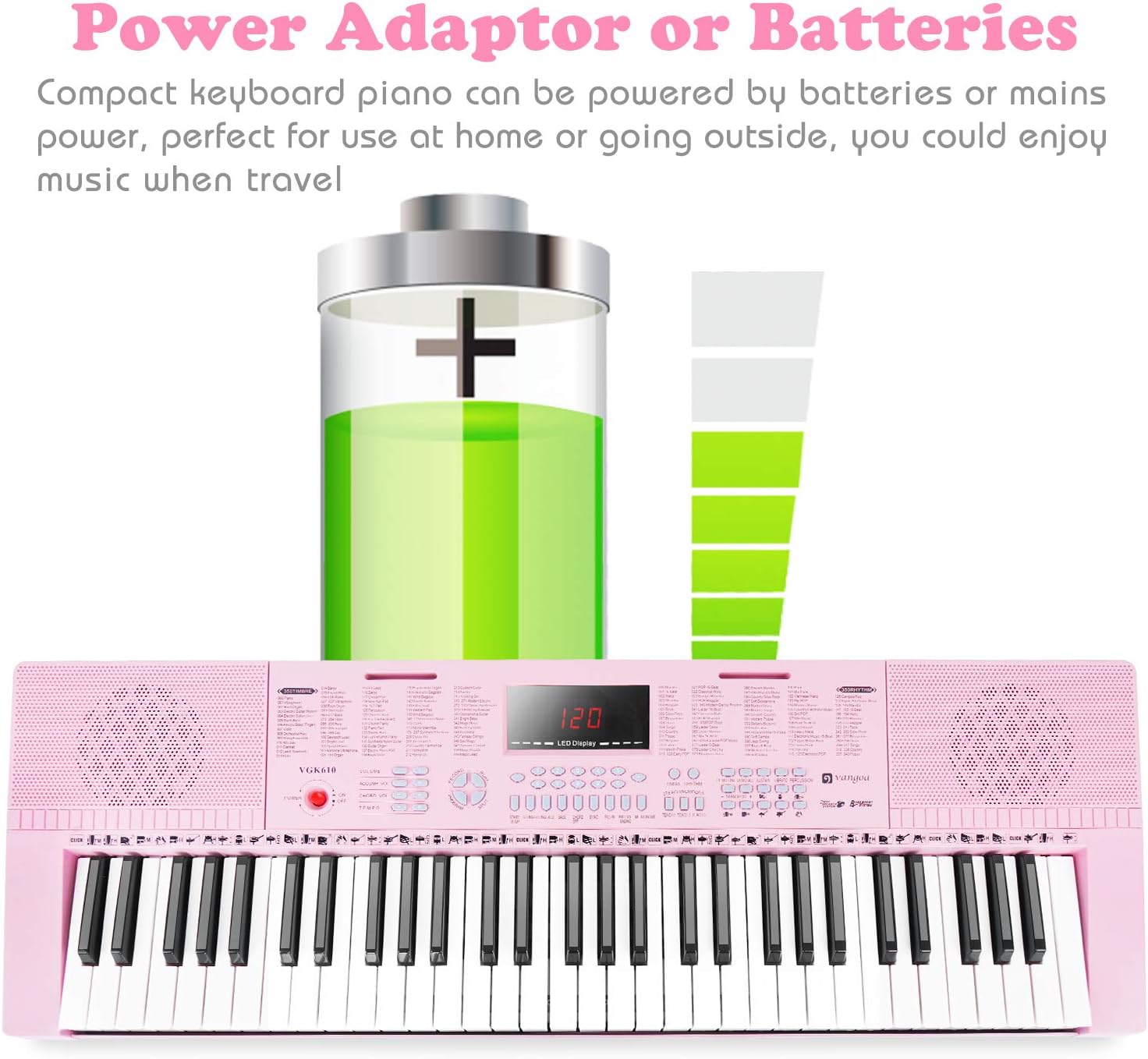 Vangoa VGK610 Piano Keyboard, 61 Mini Keys Portable Music Keyboard for Beginners Pink and Kids Piano Keyboard, 37 Keys Digital Piano for Kids