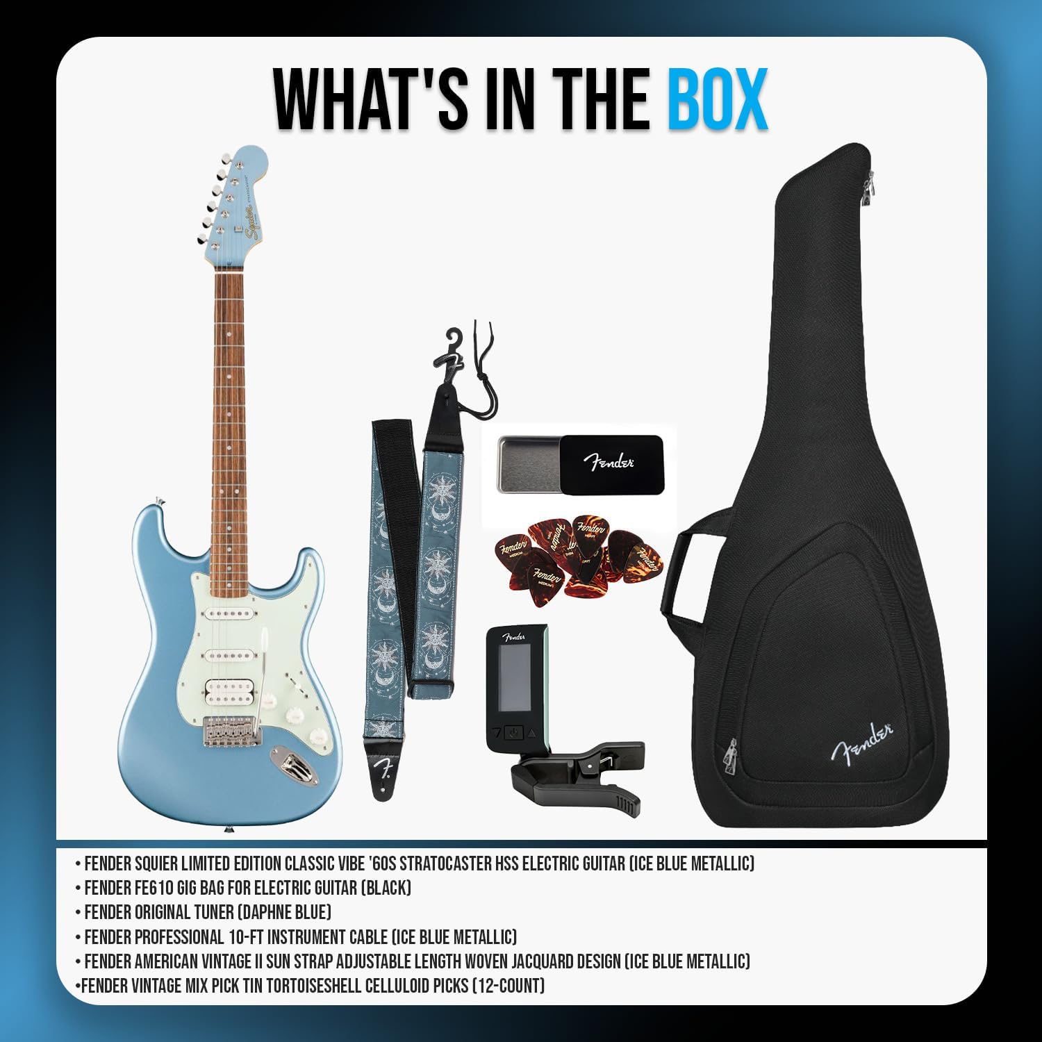 Fender Squier Limited Edition Classic Vibe '60s Stratocaster HSS Electric Guitar (Ice Blue Metallic) Bundle with Accessories (17 Items)