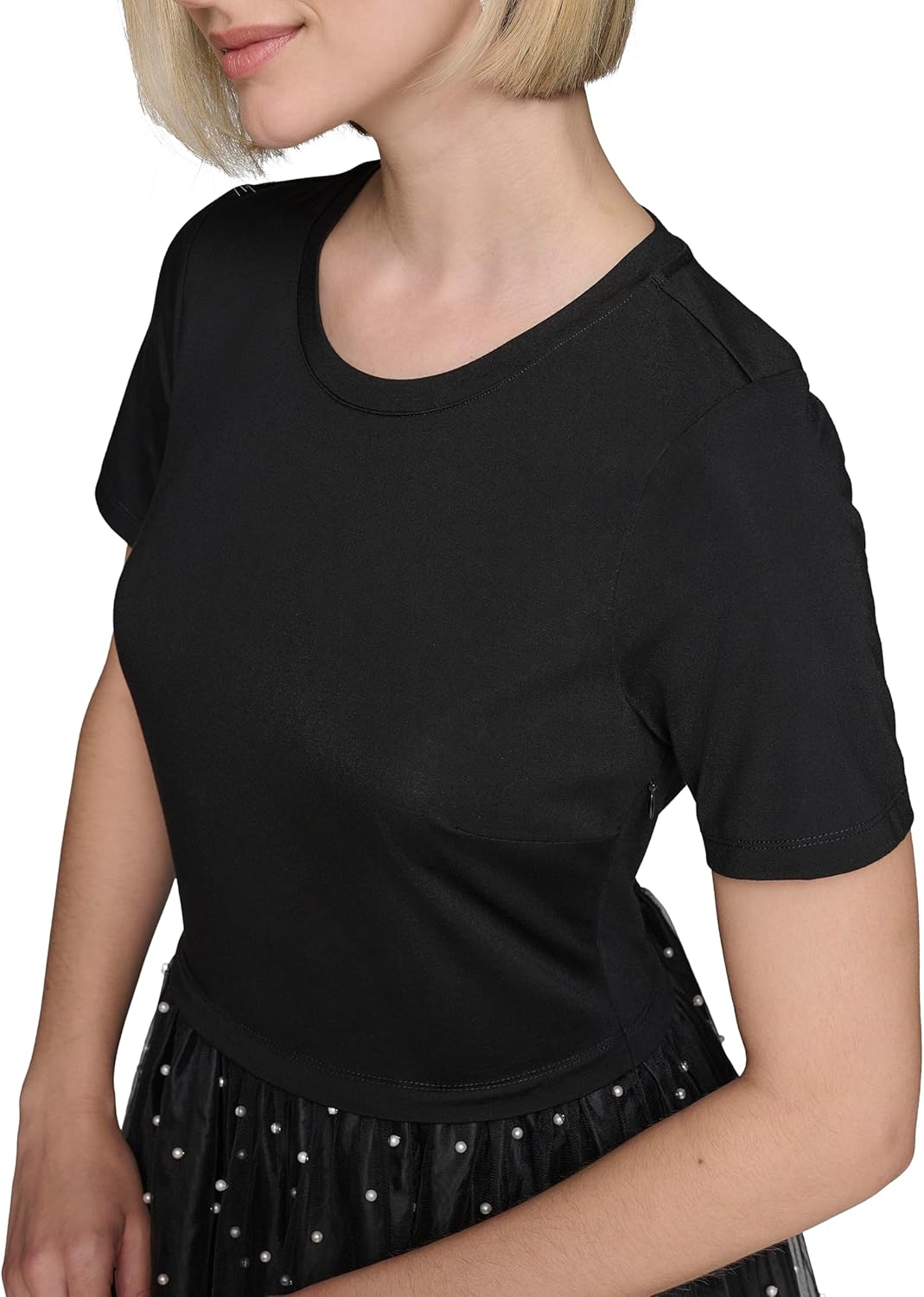 KARL LAGERFELD Womens Pearl Mesh Short Sleeve Round Neck Midi Dress