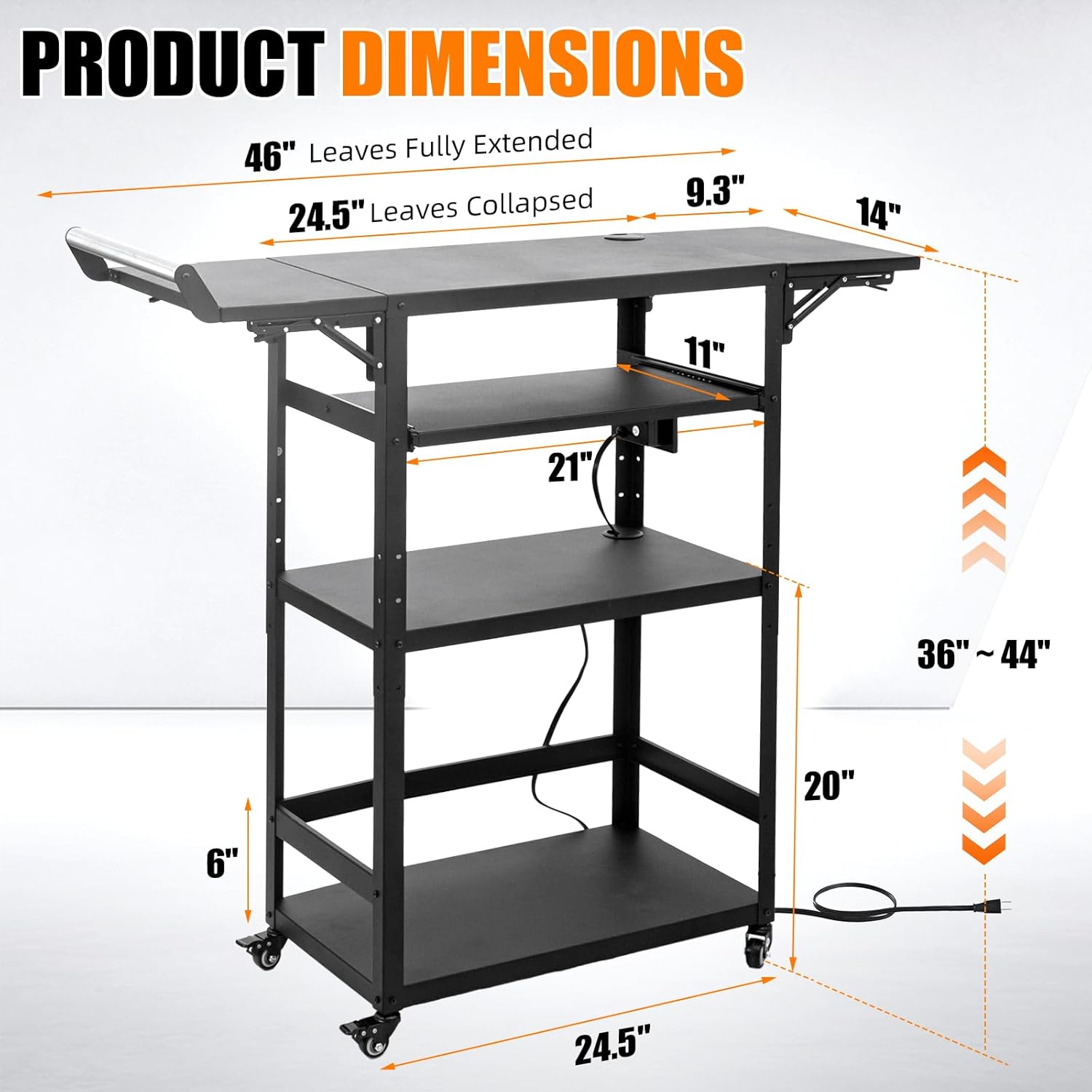 All-Steel AV Cart with Wheels and Power, Height Adjustable Media Workstation with Drop-Leaf Shelves for Projectors, Laptops & Printers, Heavy Duty Presentation Cart with Pull-Out Keyboard Tray