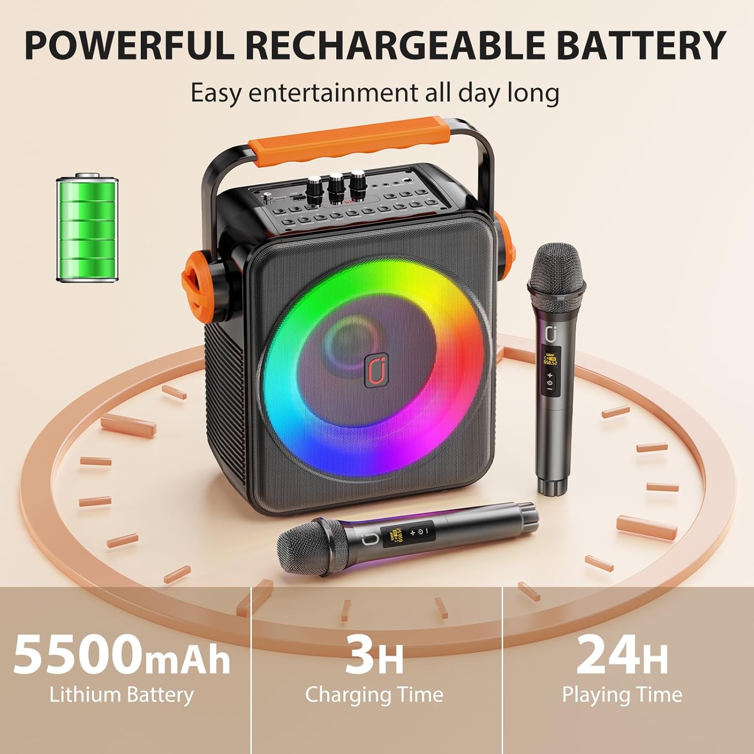 Karaoke Machine with 2 Microphones, Portable Bluetooth 5.3 Karaoke Speaker for Adults, PA System with Echo Adjustment for Outdoor Events, Gatherings and Parties, Stage Subwoofers (80W)