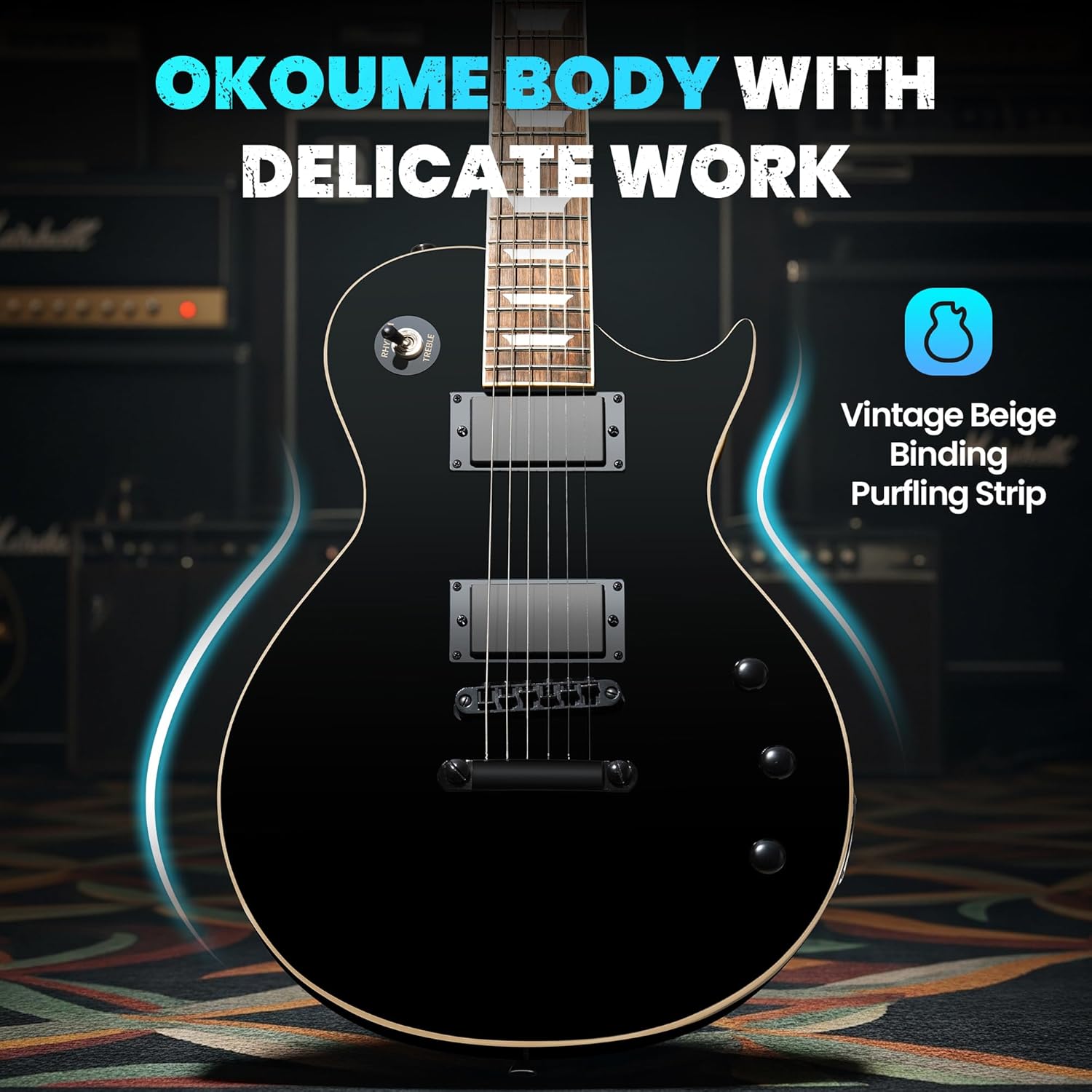 CAHAYA Electric Guitar Kit 39 In - Full Size LP Beginner Electric Sett with Solid Okoume Body 2 Humbucker Pickups, Maple Neck, Gig Bag, Strap, Cable for Adults Teen Black