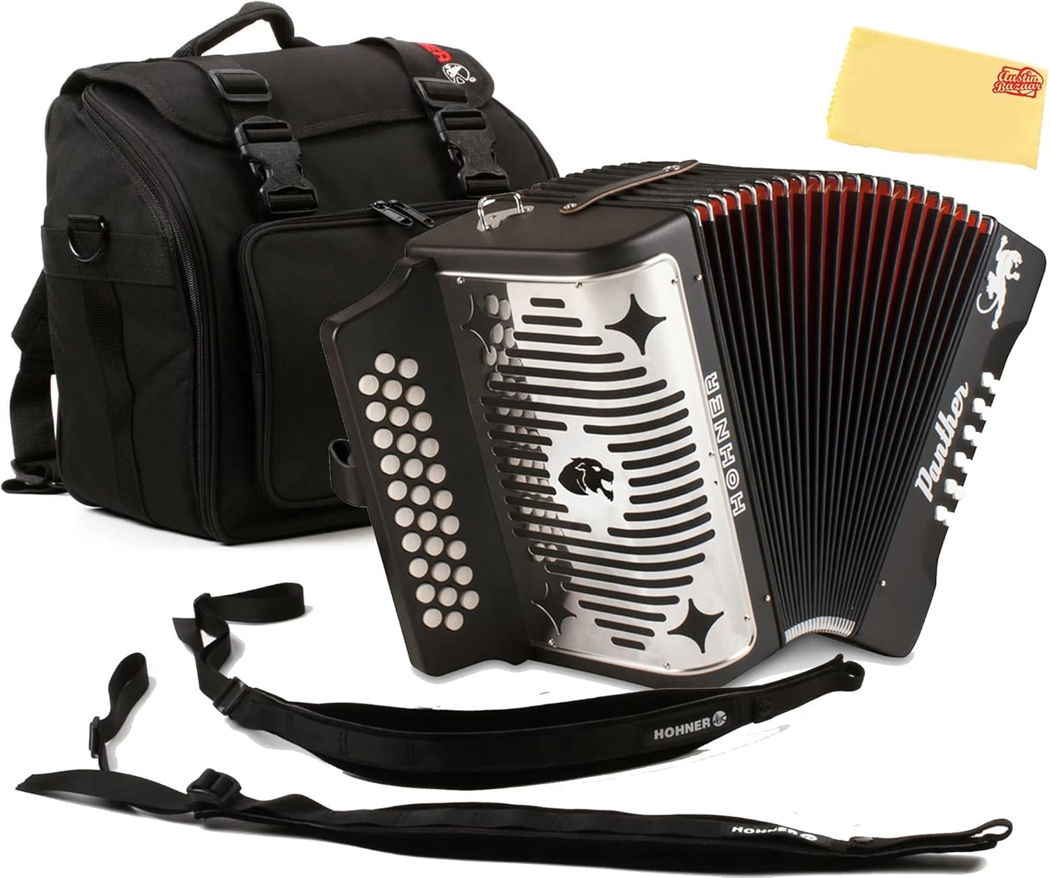 Hohner Panther Diatonic Accordion - Keys F/Bb/Eb Bundle with Hohner Accordion Road Kit and Austin Bazaar Polishing Cloth