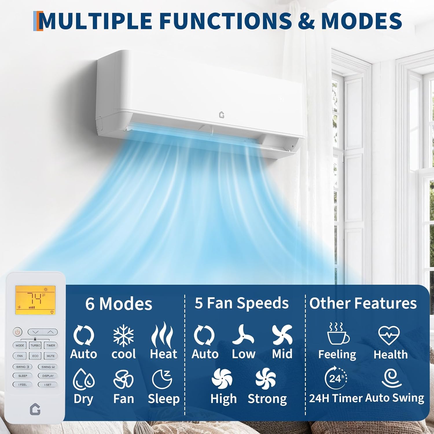 18K Dual 2 Zone Mini Split Air Conditioner,24 SEER2 12000 BTU+ 12000 BTU Wifi Enabled Multi Zone Ductless, 208-230V Cools Up to 1500 Sq.Ft Multi Zone Ductless Pre-Charged Heat Pump