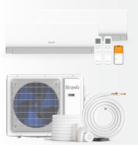 BRAVO 36,000 BTU Dual Zone 18000 + 18000 BTU Wall Mount, 23 SEER2 Ductless Mini Split AC & Heat Pump – Includes Smart Control & 16FT Installation Kits – Inverter System