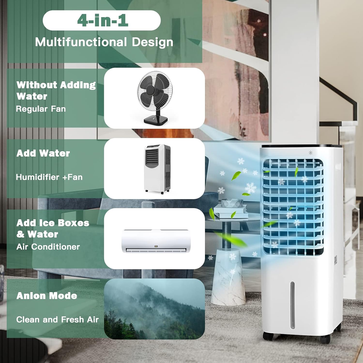 COSTWAY Evaporative Air Cooler, 4-In-1 Bladeless Swamp Cooler with Remote Control, 4 Modes, 3 Speeds, 7.5H Timer, 4 Ice Packs, Portable Air Cooling Fan for Indoor Use, Bedroom, Home, Office