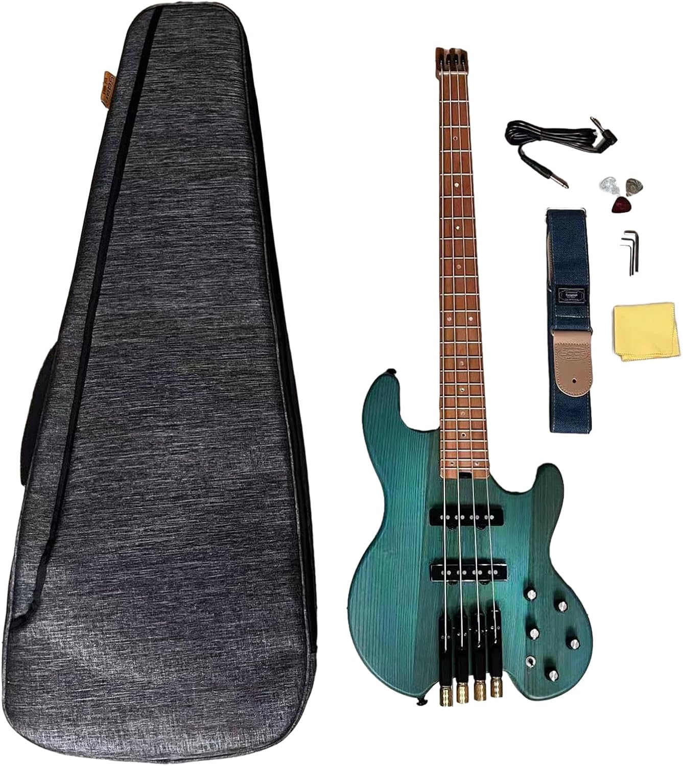 4 String Headless Bass Guitar with ASH Body and Roasted Maple Neck,Solid Body Electric Bass Guitar Active Pickup Rounded Frets for Rock, Blues, Heavy Metal and Jazz Music (blue)