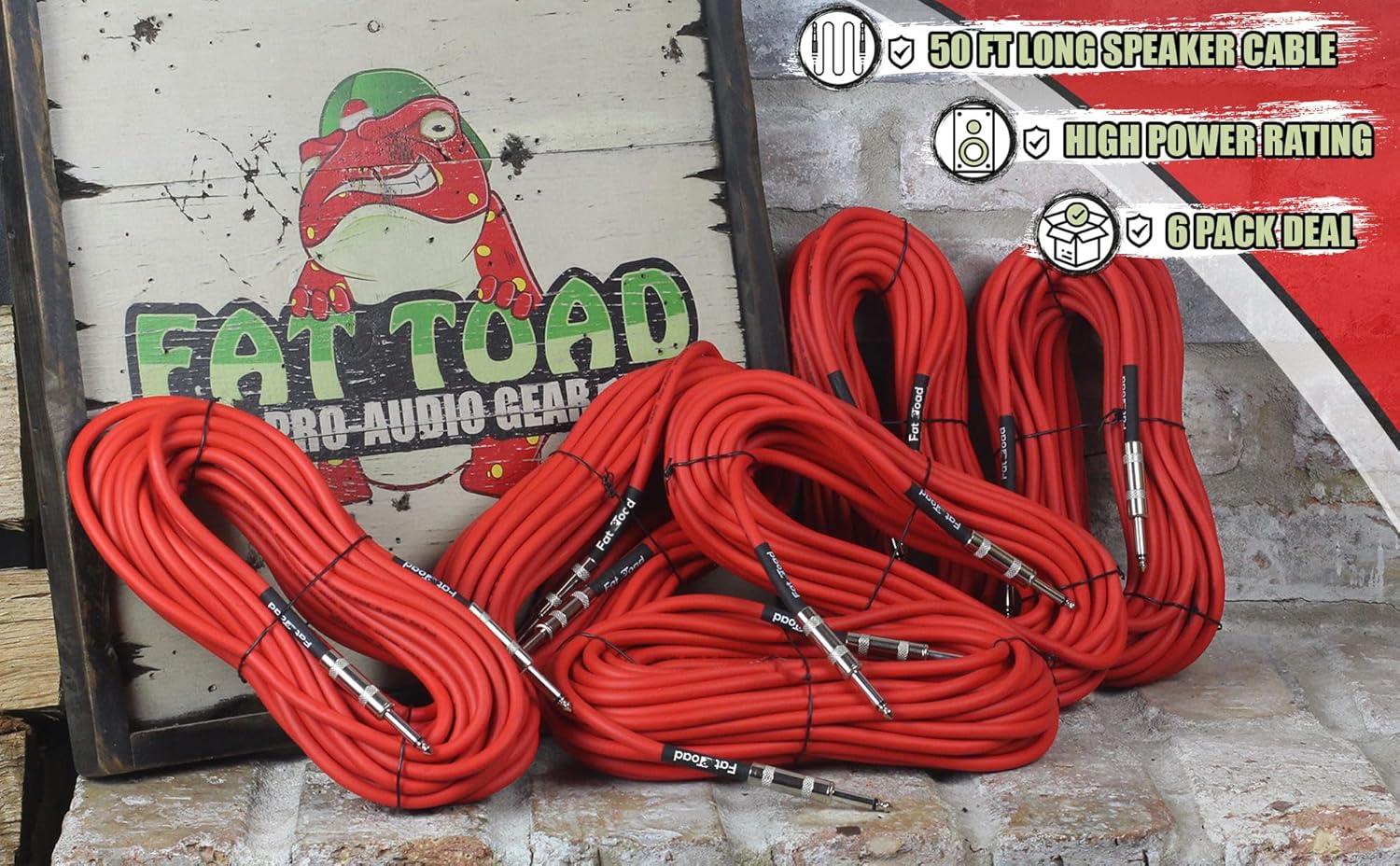 Fat Toad 6 Pack 50ft DJ Speaker Cables (Red-Flexpro Series) – 1/4 Inch TS 12 AWG Red Audio Wires for PA System, Amp, Stage Performance, Studio Recording