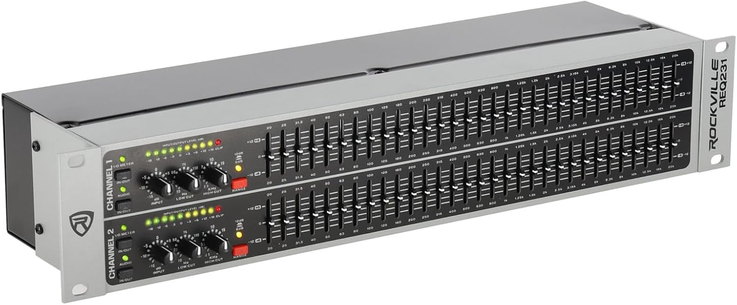 Rockville REQ231 V2 Dual 31-Band Pro Audio Graphic Equalizer, Rackmount, Sub Out, Low/High-Cut for Live Sound