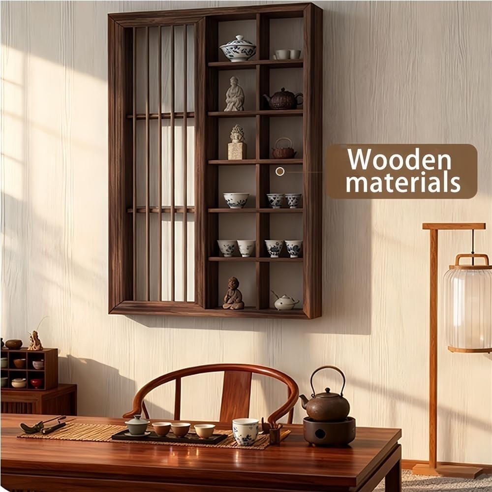 Tea Cup Holder Display Stand, Wall Mounted Cups Holders with Door, Wood Teaware Displays Shelf for Living Room, Tea Room, Office(35.43 * 23.62in)
