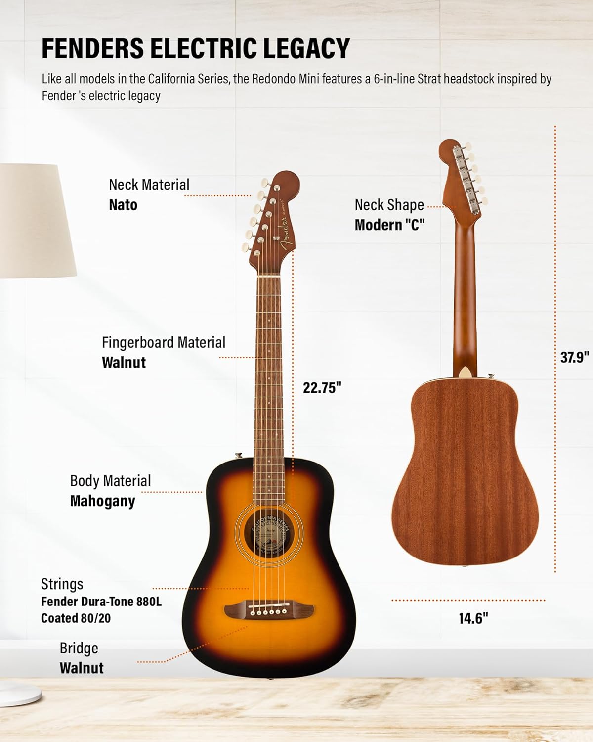 Fender Redondo Mini Acoustic Guitar Bundle with Gig Bag, Strap, Clip-on Tuner, Strings, String Winder, Picks, and Austin Bazaar Instructional DVD - Sunburst